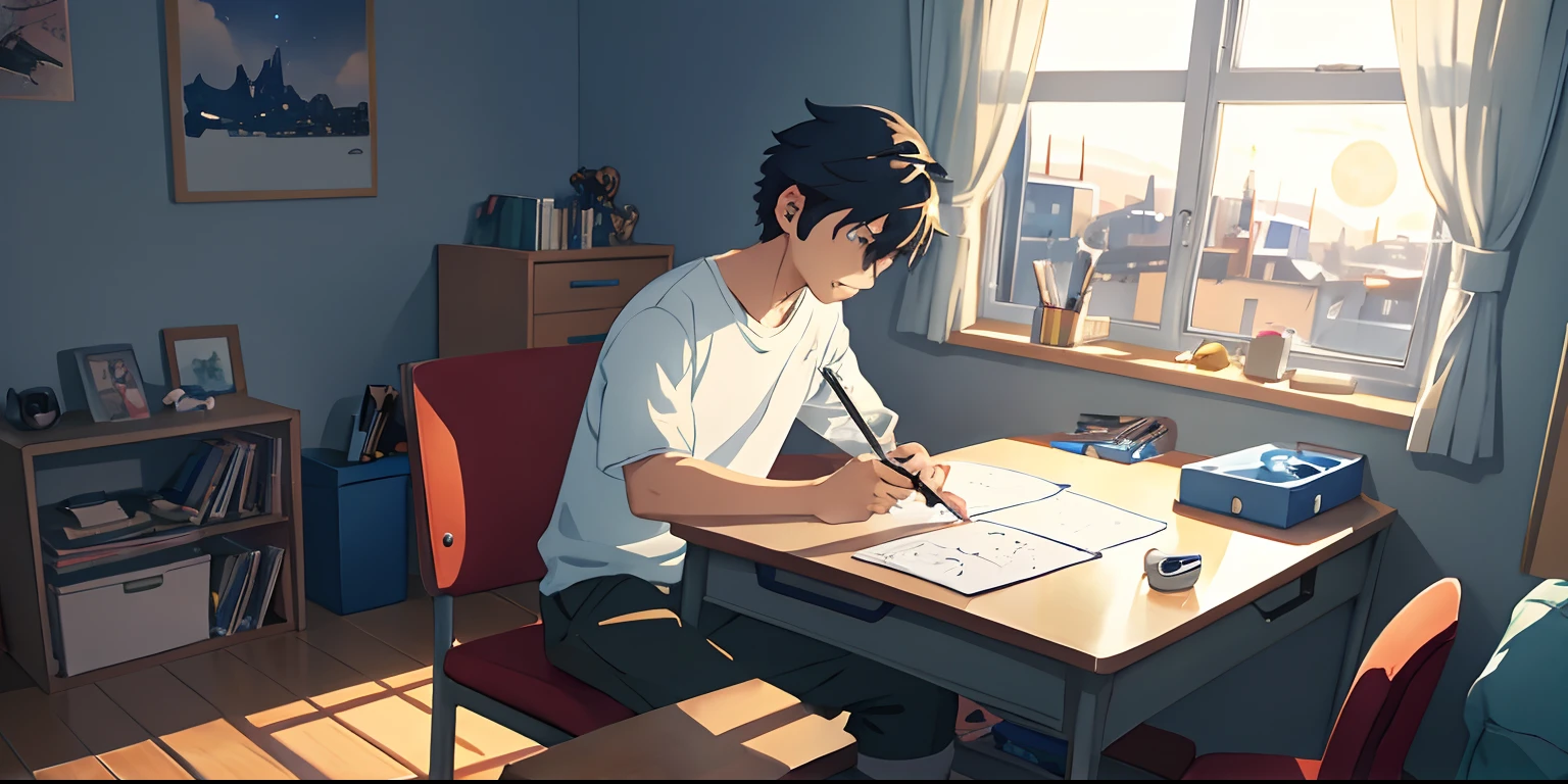 A boy painting on his desk in his beautiful cozy room, wearing headphones, warm lights in his room, night time, concept art inspired by makoto shinkai, pixiv contest winner, best quality, beautiful anime scene, a bright moon, Anime scene, cinematic anime scene, Night, Fantastic anime, Atmospheric Anime, Starry Sky, character Detail Enhanced, Background above building。