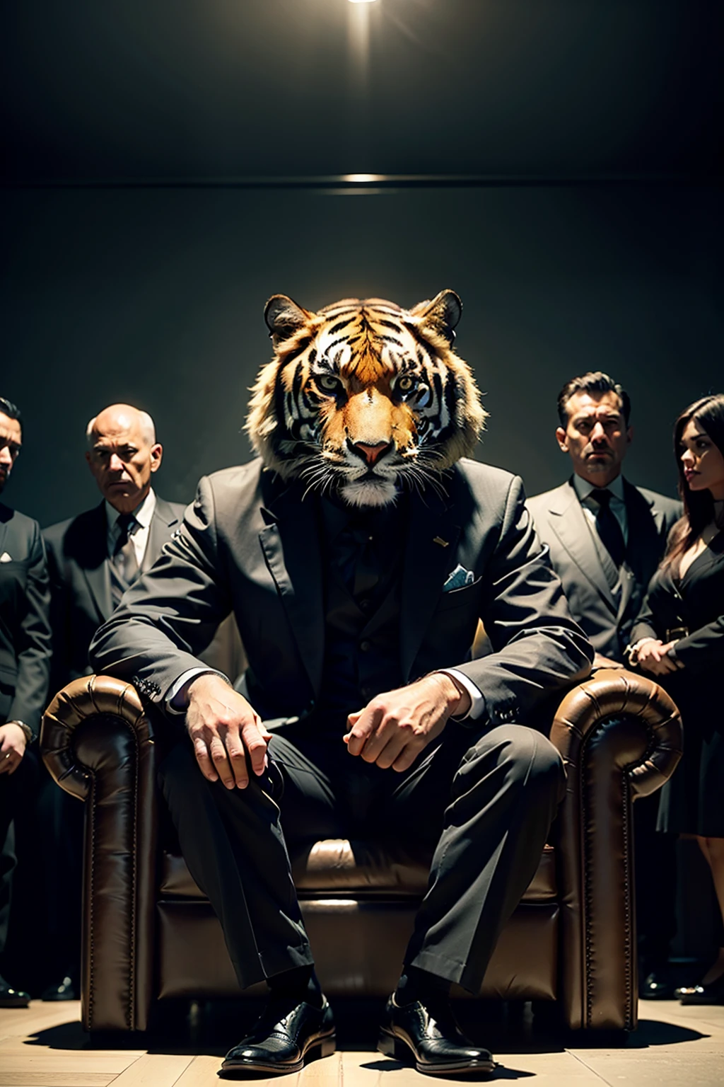Compose a striking and cinematic photograph featuring a fierce malayan tiger in suits seated on a throne as the leader of a mafia gang, surrounded by her loyal male followers. Use dramatic and moody lighting techniques to create a compelling atmosphere that highlights the intensity and power dynamic within the group. Pay special attention to the tiger's confident and enigmatic expression as she commands the respect and allegiance of her followers. Capture the essence of their unity and authority, evoking a sense of intrigue and strength that defines their presence in the underworld."