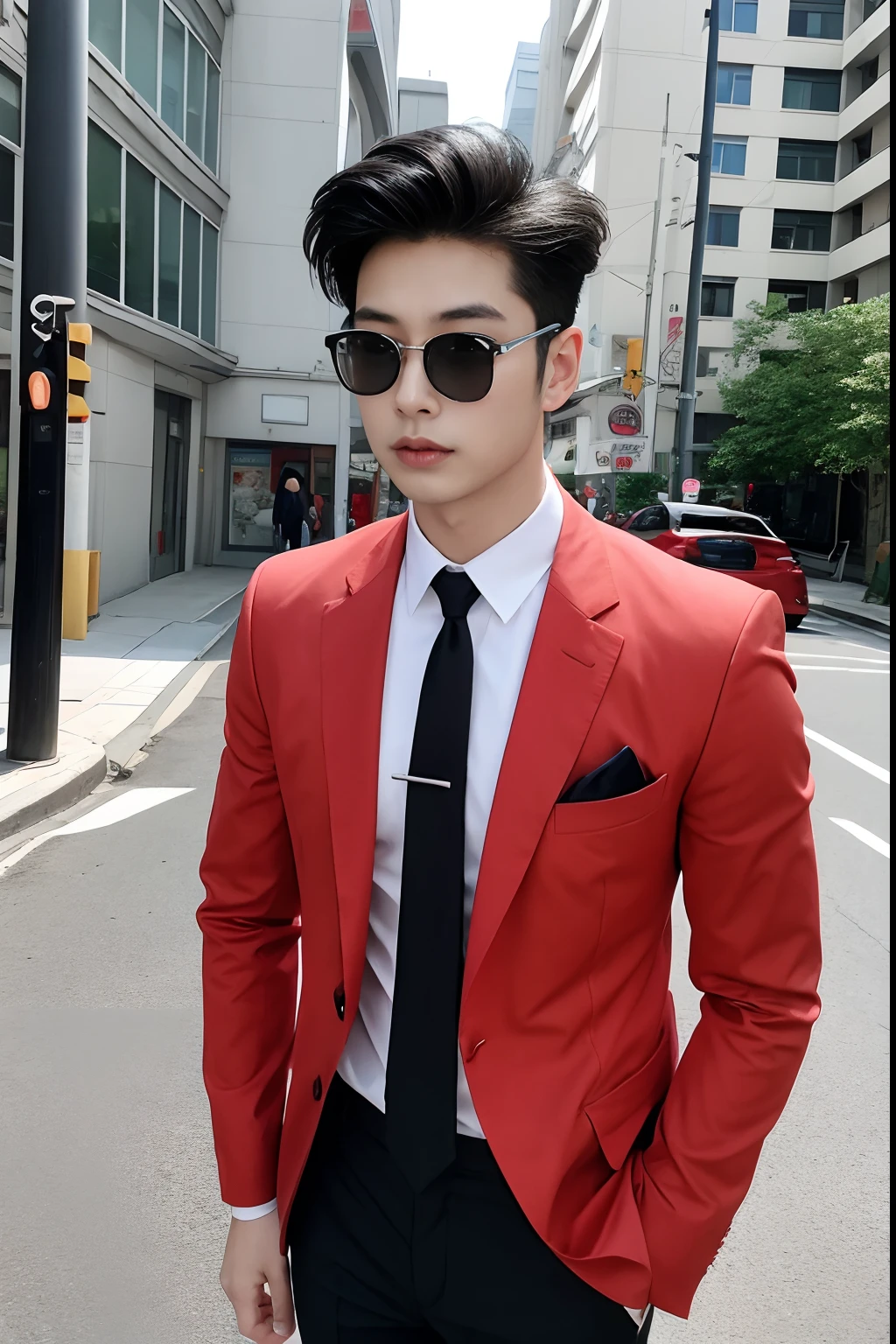 Asian male model on the street，and his wedding car，Cool red car，SLR in hand，Suit tie