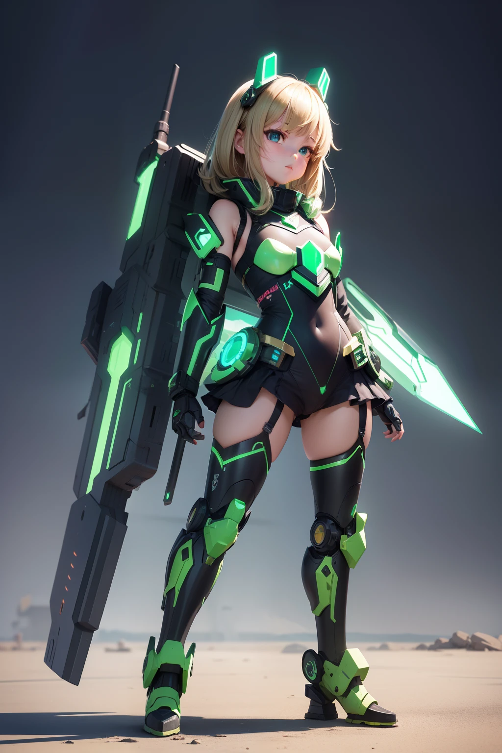 a cute young li raised a super big gun, in heavy complex robotic armor, dynamic pose, stance pose, masterpiece, perfect feminine face, best quality, ultra high res, sci-fi, transformers, fantasy, futuristic, green neon, armlet, jet packs