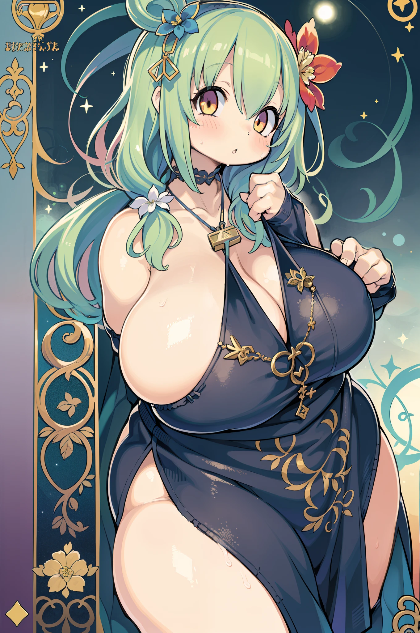 (masutepiece, of the highest quality, Best Quality, Official art, Beautiful and aesthetic:1.2), (1girl in:1.3), (Fractal Art:1.3), The card, tarot, Green hair, Twin braids, Hair Flower, (good lighting:1.1), ((hight resolution)), Tarot card style,(((huge-breasted)))、thick thight、big butts、Angel wings