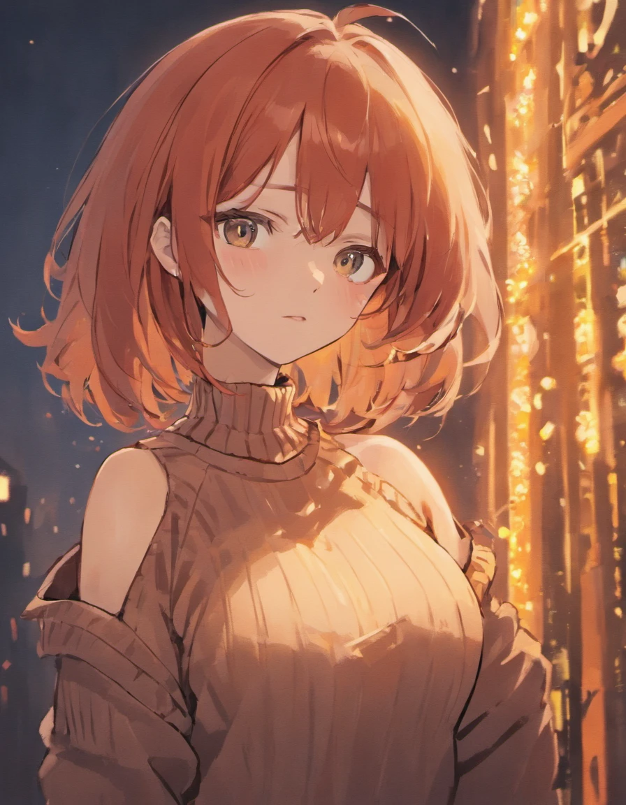 1girl, solo, cute, large breasts, sweater open shoulders, beautiful face, amber eyes, red hair