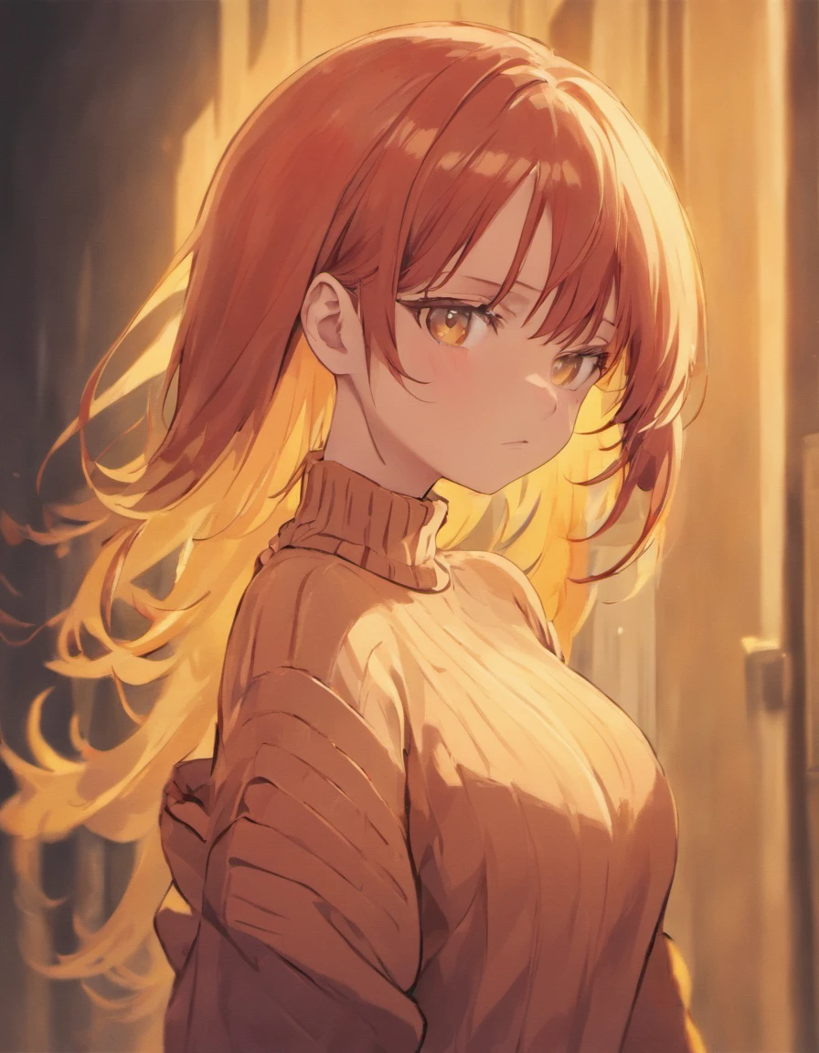 1girl, solo, cute, large breasts, sweater open shoulders, beautiful face, amber eyes, red hair