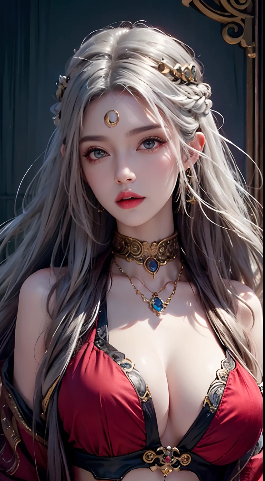Photorealistic, high resolution, 1 woman, hips up, Beautiful eyes, Long hair, ringed eyes, jewelry, medusa,huge boobs