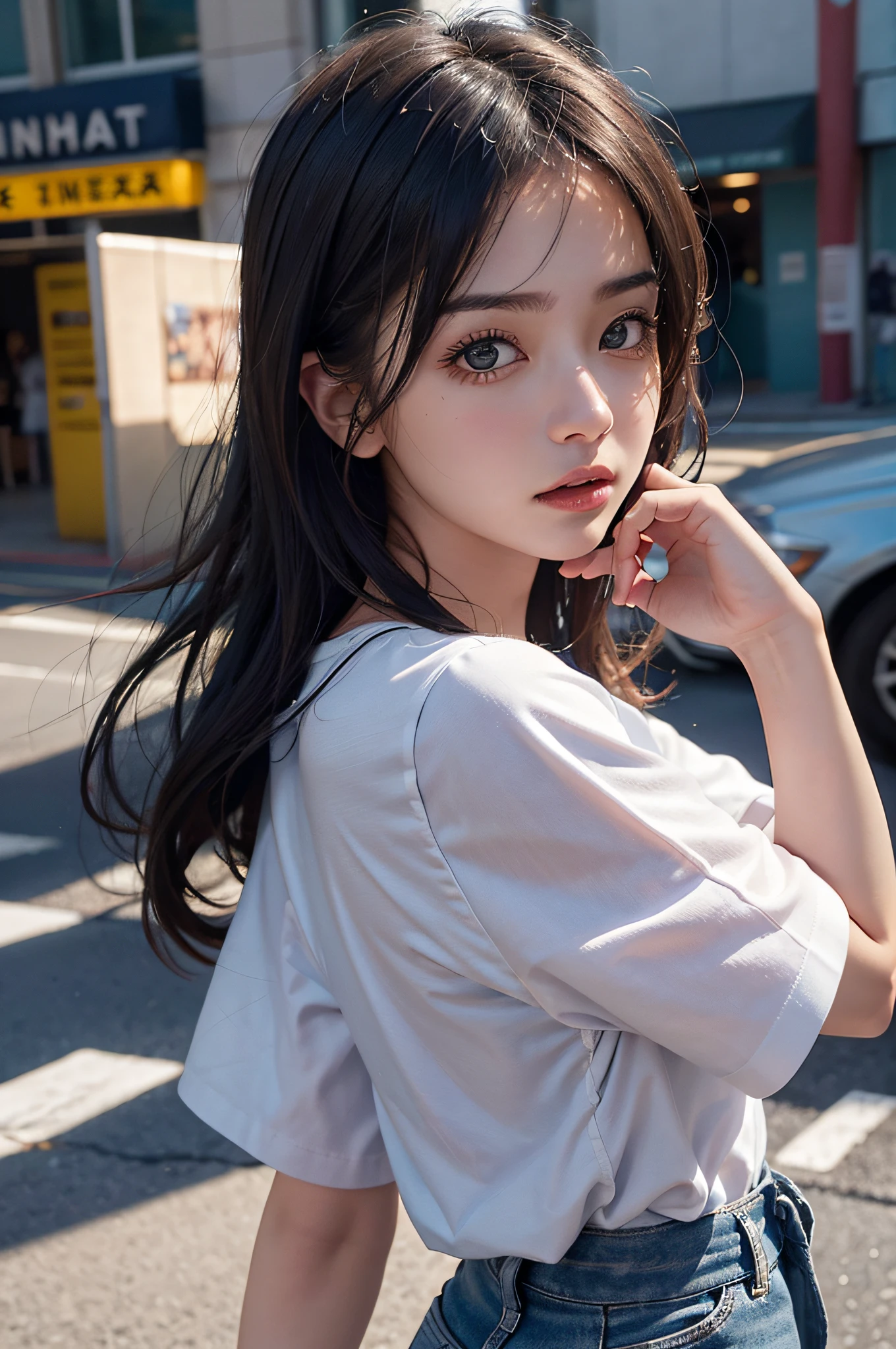 clothed、(Photo Real:1.4)、(hyper realisitic:1.4)、(realisitic:1.3)、 (Smoother lighting:1.05)、(Improved lighting quality in movies:0.9)、32K、shinny skin、 1girl in、20 years girl、Realistic lighting、back lighting、Facial light、raytrace、(Brightening light:1.2)、(Increase quality:1.4)、 (Top quality real texture skins:0.3)、finely eye、finerly detailed face、Fine quality eye、 tshirts、cowboy  shot