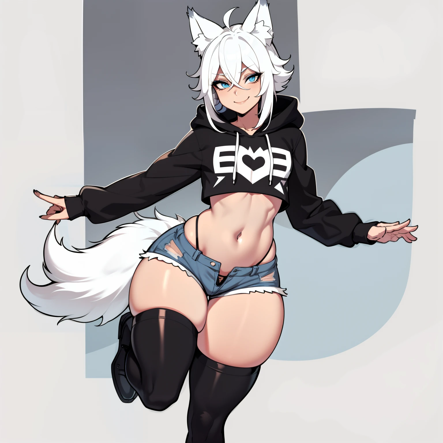 Single boy, Anime Femboy, Short, Long white hair, wolf ears, wolf tail, blue eyes, wearing jean short shorts, thigh high socks, black combat boots, wearing cropped black hoodie, flat chest, super flat chest, solo femboy, only one femboy ((FLAT CHEST)), wide hips, thicc thighs, smiling