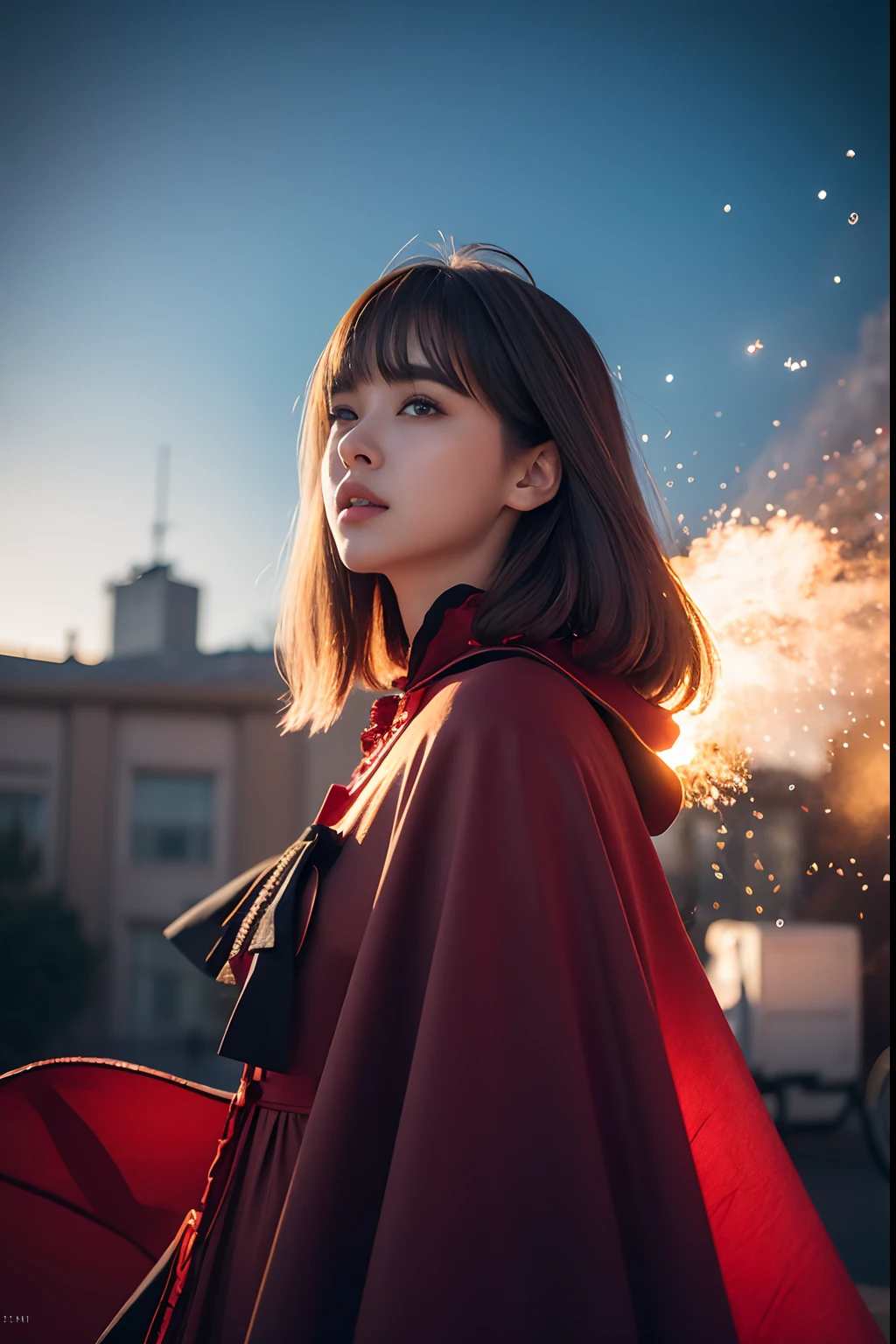RAW photo, full sharp, (Full HD epic wallpaper) 8K  UHD, Digital SLR, Soft lighting, High quality, filmgrain, Fujifilm XT3, hiqcgbody, (1人, Kizi:1.2),the night，Focus above the thighs, Broken glass effect, Vivid yellow flame, Ethereal sparks, vulnerable, Red eyes, (Long gray hair),Wind，Fluttering head， buzz cut, Style - Gravity magic, Looking down, Solo, , Detailed background, Detailed face, Pale complexion,((Gorgeous Lolita costume)), Black cloak, Cape, Hood, malicious expression, The scarlet symbol rotates in the air,(Floating fire particles, particle fx), Skylight color scheme, ( Huge red explosion flames), the are In the background, Surrounded by a crimson mist, Sunset, symetrical composition, Epic atmosphere,(Smoky)，