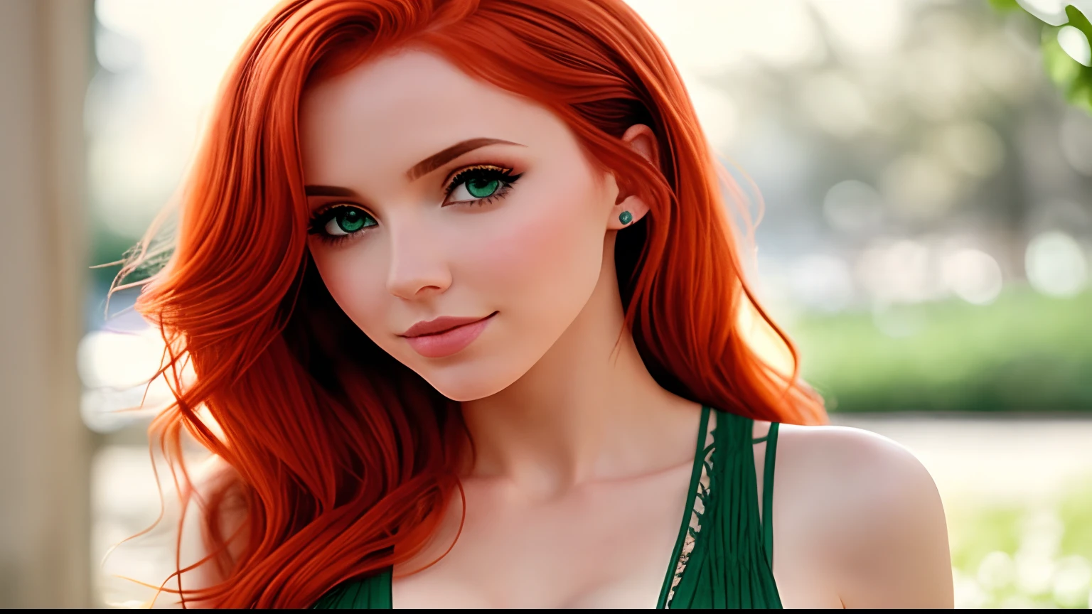 Il y a une femme aux cheveux roux et un haut de soutien-gorge, Amouranth, fille sexy aux yeux verts, better known as Amouranth, aux cheveux roux et aux yeux verts, visage sexy avec maquillage complet, Jeune belle Amouranth, avec de superbes yeux verts, avec des yeux verts profonds, Belle femme rousse, fille rousse, cheveux roux et traits attrayants