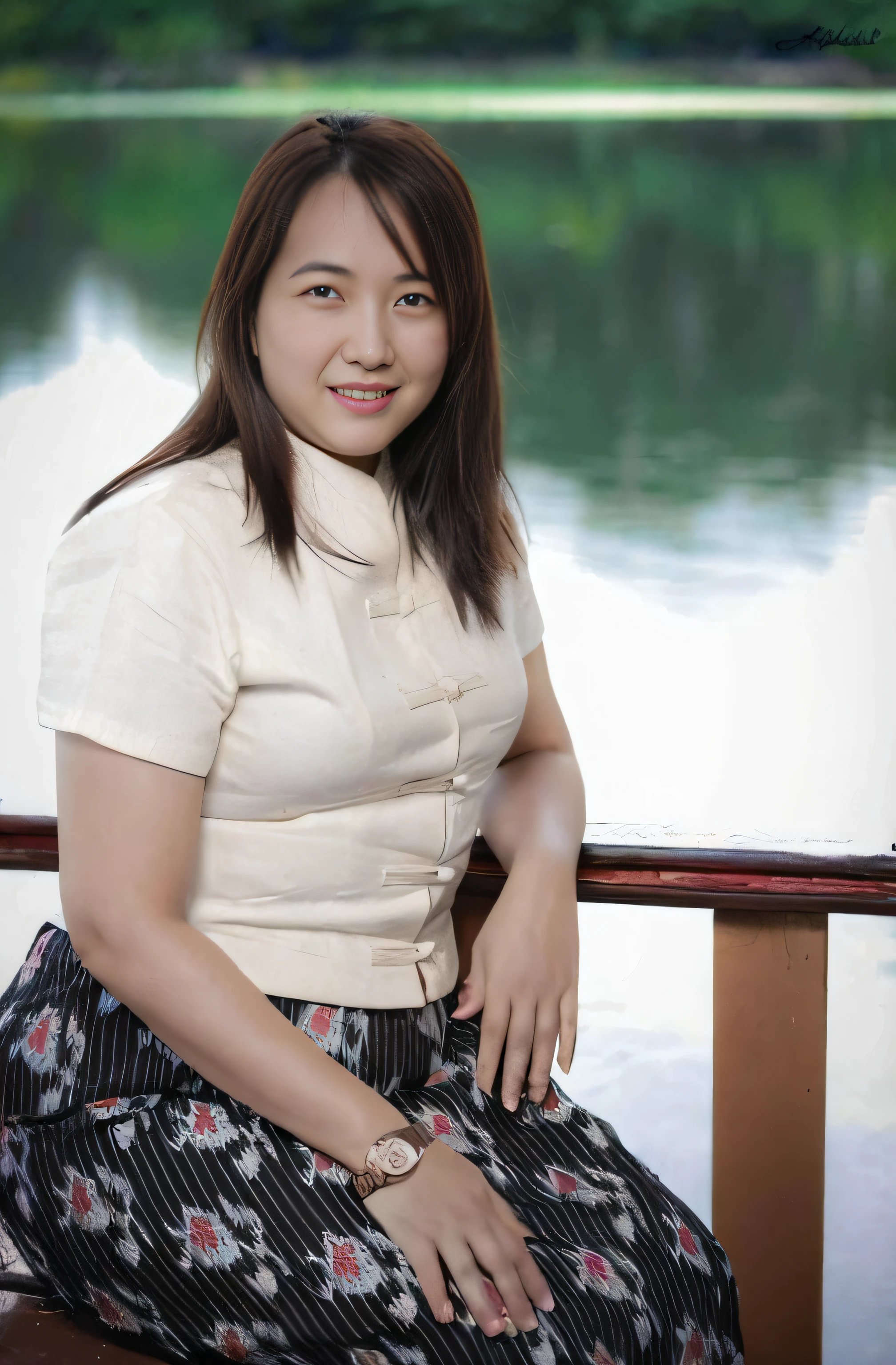 arafed woman is very thin  sitting on a bench near a lake and smiling, mai anh tran, an asian woman, vietnamese woman, a young asian woman, photo of a woman, chinese woman, in style of lam manh, nivanh chanthara, korean woman, asian woman, marketing photo, yun ling, portrait image, young asian woman, lovely woman