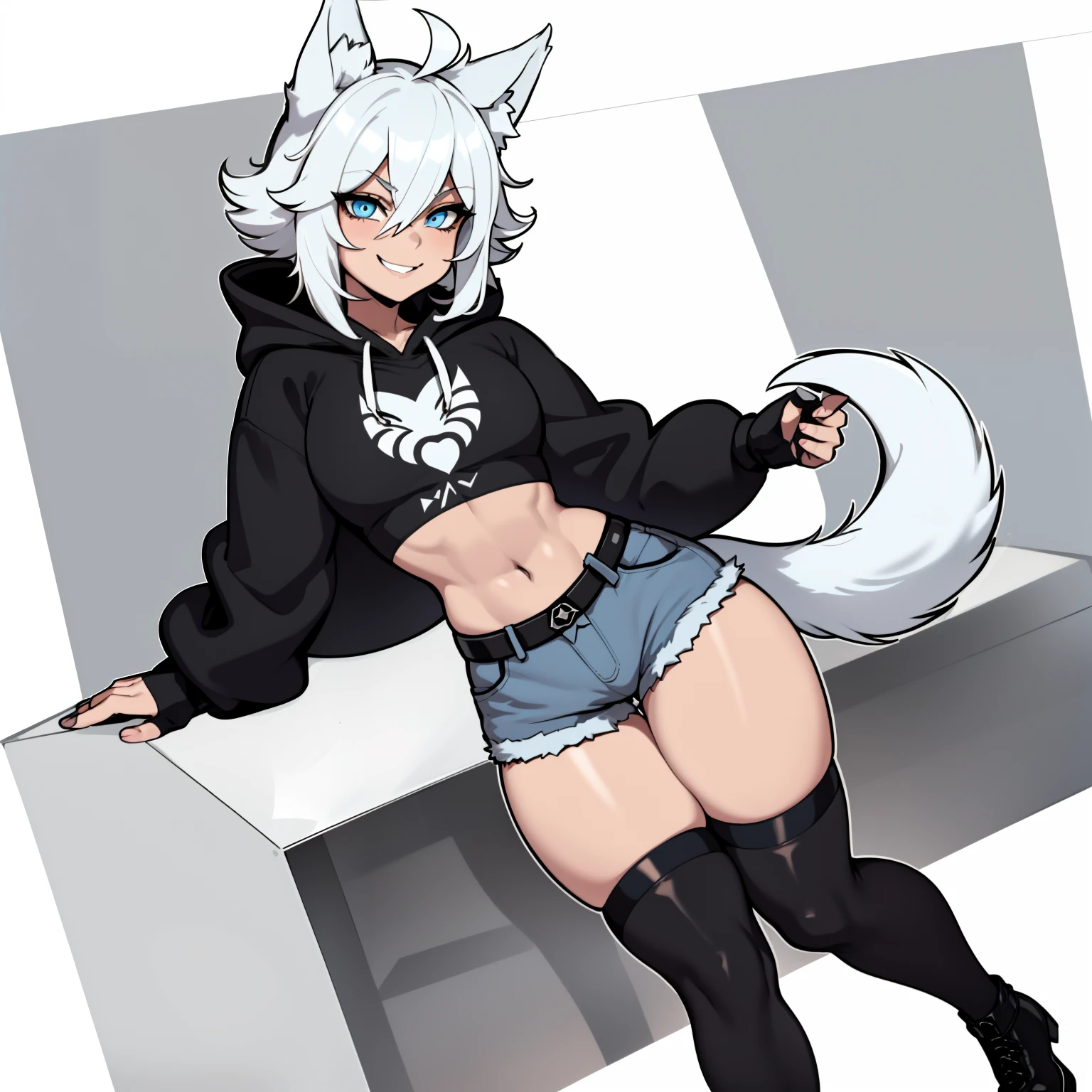 Single boy, Anime Femboy, Short, Long white hair, wolf ears, wolf tail, blue eyes, wearing jean short shorts, thigh high socks, black combat boots, wearing cropped black hoodie, flat chest, super flat chest, solo femboy, only one femboy ((FLAT CHEST)), wide hips, thicc thighs, happy, nice butt, lobo written on hoodie, crotch bulge (CROTCH BULGE), suggestive pose from behind,