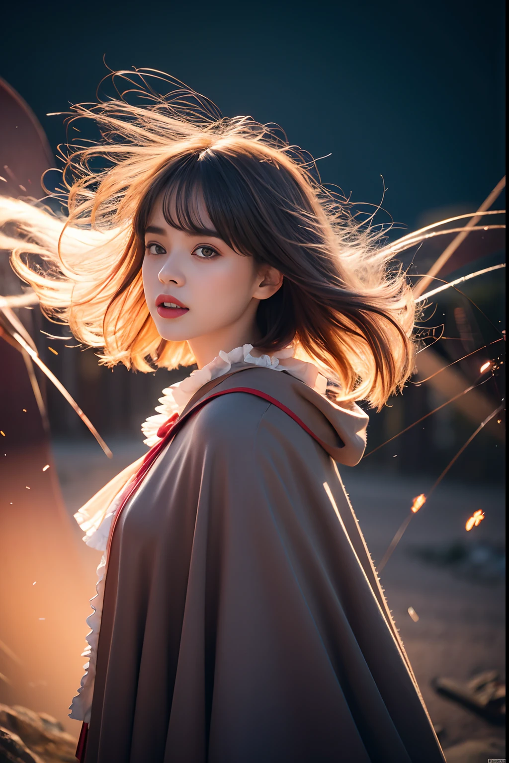 RAW photo, full sharp, (Full HD epic wallpaper) 8K UHD, Digital SLR, Soft lighting, High quality, filmgrain, Fujifilm XT3, hiqcgbody, (1人, Kizi:1.2),the night,Focus above the thighs, Broken glass effect, Vivid yellow flame, Ethereal sparks, vulnerable, Red eyes, (Long gray hair),Wind,Fluttering head, buzz cut, Style - Gravity magic, Looking down, Solo, , Detailed background, Detailed face, Pale complexion,((Gorgeous Lolita costume)), Black cloak, Cape, Hood, malicious expression, The scarlet symbol rotates in the air,(Floating fire particles, particle fx), Skylight color scheme, ( Huge red explosion flames), the are In the background, Surrounded by a crimson mist, Sunset, symetrical composition, Epic atmosphere,(Smoky),