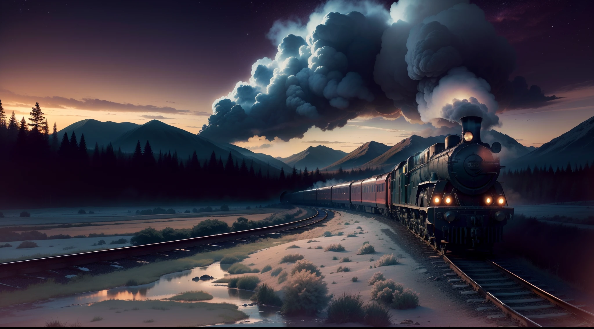 (best quality,4k,8k,highres,masterpiece:1.2),ultra-detailed,(realistic,photorealistic,photo-realistic:1.37),one train,dark landscape background,moody atmosphere,ominous clouds,twilight sky,silhouettes of trees and mountains,steam rising from the train,mysterious shadows,heavy fog,moonlit scene,majestic scenery,faraway mountains,reflective lake,crisp air,melancholic mood,vibrant colors,vintage steam locomotive,echoing train whistle,lonesome feeling,smoke billowing from the train,captivating anticipation,subtle highlights and shadows,distant city lights,Gothic architecture,lonely railway track,nighttime serenity