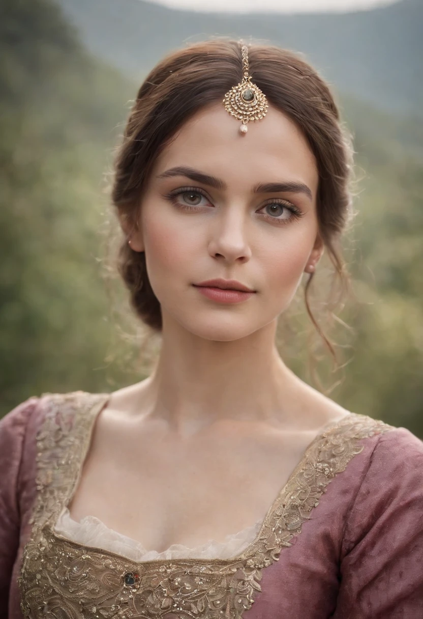 Uma bela e sedutora garota medieval com grandes olhos cinzentos, of dark eyelashes, de cabelos vermelhos-escuros com suaves cachos largos, pele suave, branca e leitosa, with pink flush on the cheekbones, boca grande, covinha no queixo arredondado.