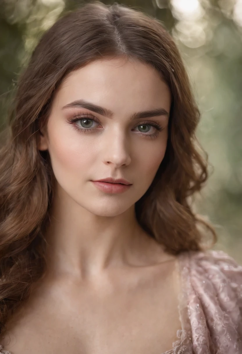 Uma bela e sedutora garota medieval com grandes olhos cinzentos, of dark eyelashes, de cabelos vermelhos-escuros com suaves cachos largos, pele suave, branca e leitosa, with pink flush on the cheekbones, boca grande, covinha no queixo arredondado.