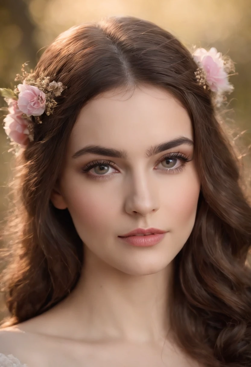 Uma bela e sedutora garota medieval com grandes olhos cinzentos, of dark eyelashes, de cabelos vermelhos-escuros com suaves cachos largos, pele suave, branca e leitosa, with pink flush on the cheekbones, boca grande, covinha no queixo arredondado.