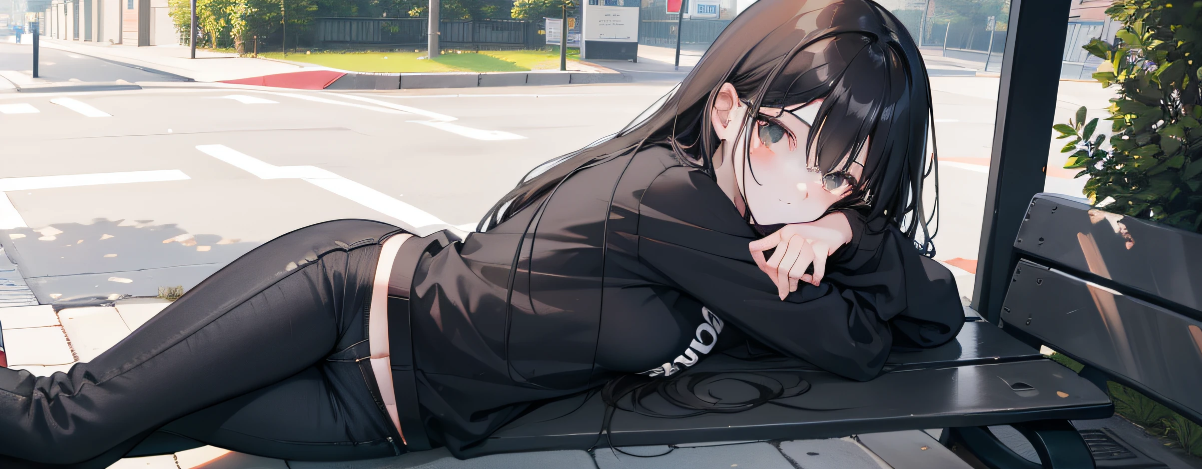 long black hair girl, black eyes, black T-shirt, black jeans, white sneakers, lying on park bench