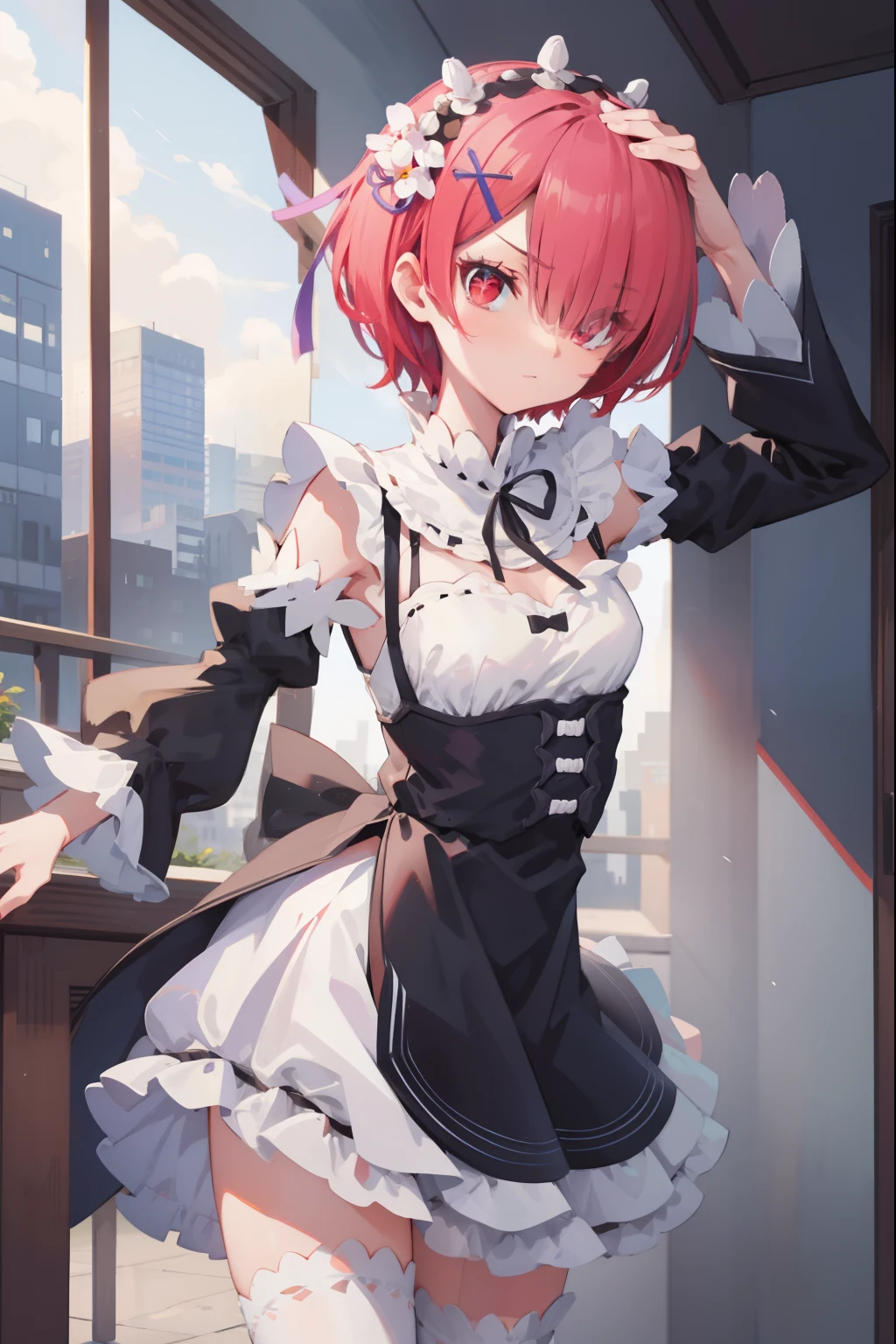 rezeroram, ram, hair flower, hair ornament, hair over one eye, pink hair, (red eyes:1.5), short hair, x hair ornament,
BREAK apron, black bow, black dress, black ribbon, bow, detached sleeves, dress, frilled apron, frilled sleeves, frills, juliet sleeves, long sleeves, maid, neck ribbon, puffy sleeves, ribbon, roswaal mansion maid uniform, thighhighs, two-tone dress, waist apron, white bow, white dress, white thighhighs,,
BREAK outdoors, city,
BREAK looking at viewer, BREAK (masterpiece:1.2), best quality, high resolution, unity 8k wallpaper, (illustration:0.8), (beautiful detailed eyes:1.6), extremely detailed face, perfect lighting, extremely detailed CG, (perfect hands, perfect anatomy),