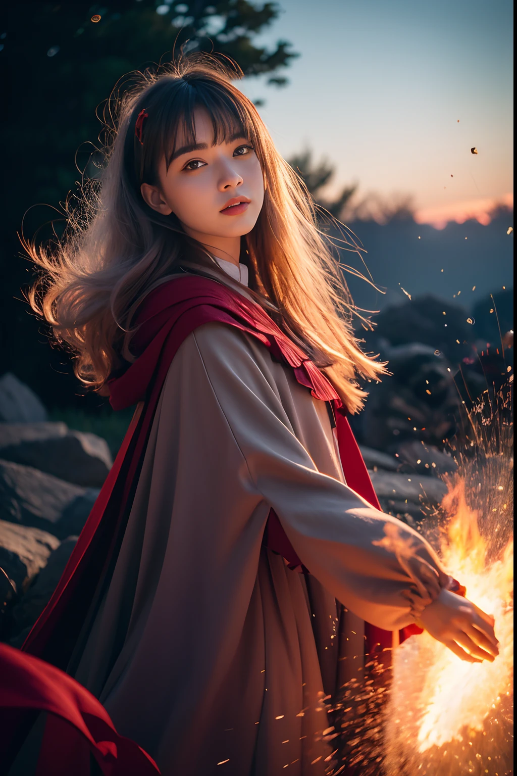RAW photo, full sharp, (Full HD epic wallpaper) 8K UHD, Digital SLR, Soft lighting, High quality, filmgrain, Fujifilm XT3, hiqcgbody, (1人, Kizi:1.2),the night,Focus above the thighs, Broken glass effect, Vivid yellow flame, Ethereal sparks, vulnerable, Red eyes, (Long gray hair),Wind,Fluttering head, buzz cut, Style - Gravity magic, Looking down, Solo, , Detailed background, Detailed face, Pale complexion,((Gorgeous ta costume)), Black cloak, Cape, Hood, malicious expression, The scarlet symbol rotates in the air,(Floating fire particles, particle fx), Skylight color scheme, ( Huge red explosion flames), the are In the background, Surrounded by a crimson mist, Sunset, symetrical composition, Epic atmosphere,(Smoky),