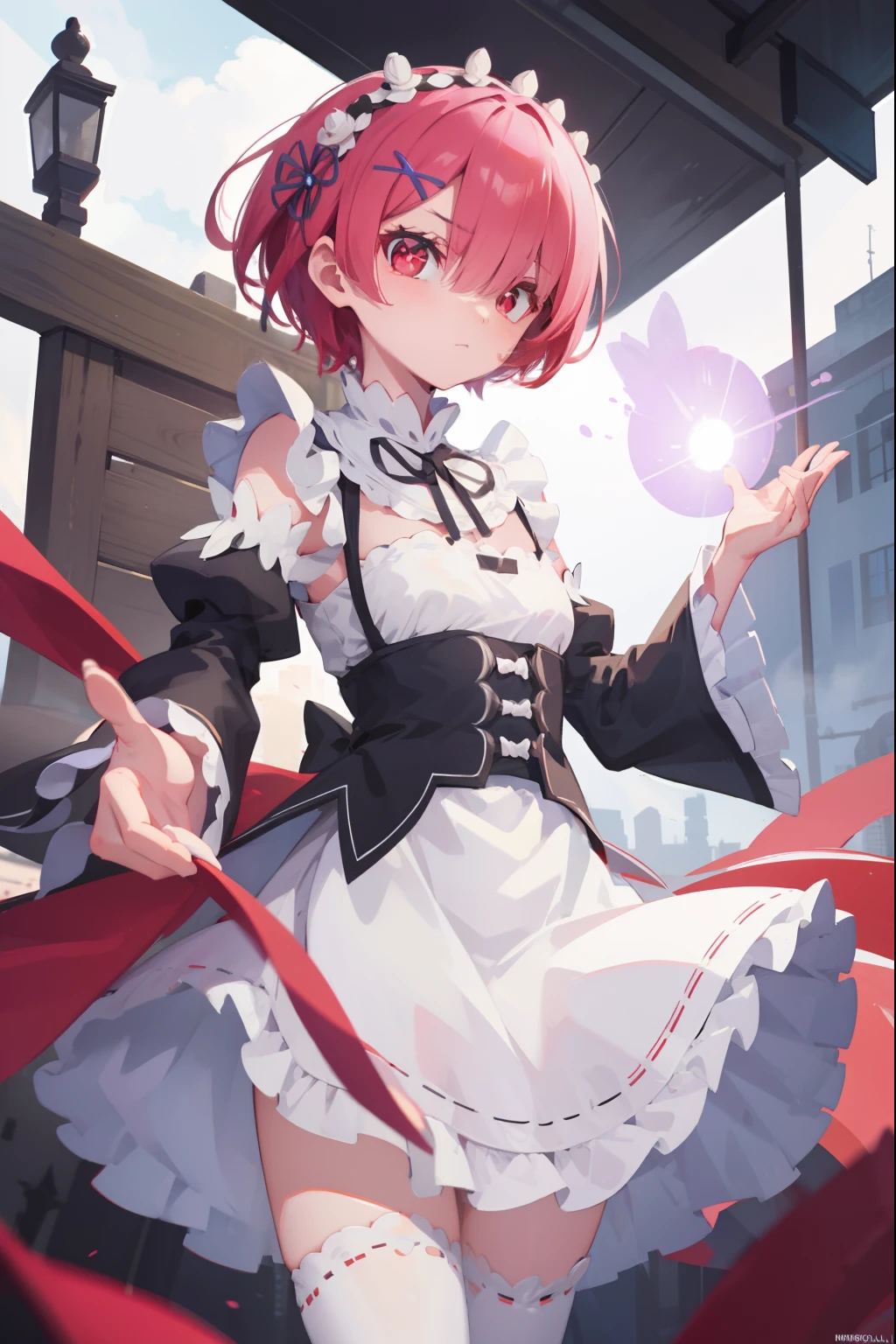 rezeroram, ram, hair flower, hair ornament, hair over one eye, pink hair, (red eyes:1.5), short hair, x hair ornament,
BREAK apron, black bow, black dress, black ribbon, bow, detached sleeves, dress, frilled apron, frilled sleeves, frills, juliet sleeves, long sleeves, maid, neck ribbon, puffy sleeves, ribbon, roswaal mansion maid uniform, thighhighs, two-tone dress, waist apron, white bow, white dress, white thighhighs,,
BREAK outdoors, city,
BREAK looking at viewer, BREAK (masterpiece:1.2), best quality, high resolution, unity 8k wallpaper, (illustration:0.8), (beautiful detailed eyes:1.6), extremely detailed face, perfect lighting, extremely detailed CG, (perfect hands, perfect anatomy),