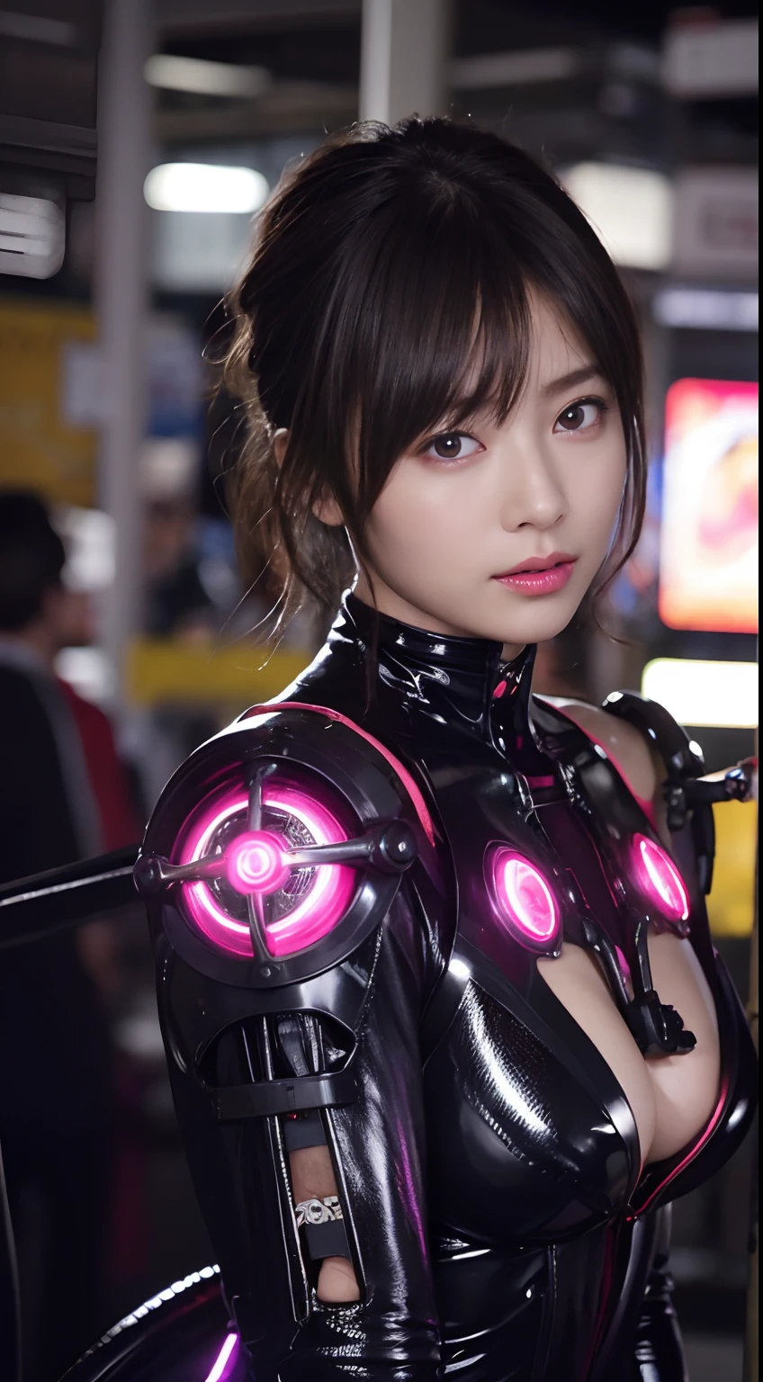 Top Quality, Masterpiece, Ultra High Resolution, (Photorealistic: 1.4), Raw Photo, 1 Girl, Black Hair, Glossy Skin, 1 Mechanical Girl, (Ultra Realistic Detail)), Portrait, Global Illumination, Shadows, Octane Rendering, 8K, Ultra Sharp, Big, Cleavage Exposed Raw Skin, Metal, Intricate Ornament Details, Japan Details, Very intricate details, realistic light, CGSoation trend, purple eyes, glowing eyes, facing the camera, neon details, mechanical limbs, blood vessels connected to the tube, mechanical vertebrae attached to the back, mechanical cervical attachment to the neck, sitting, wires and cables connecting to the head, gundam, small LED lamps,