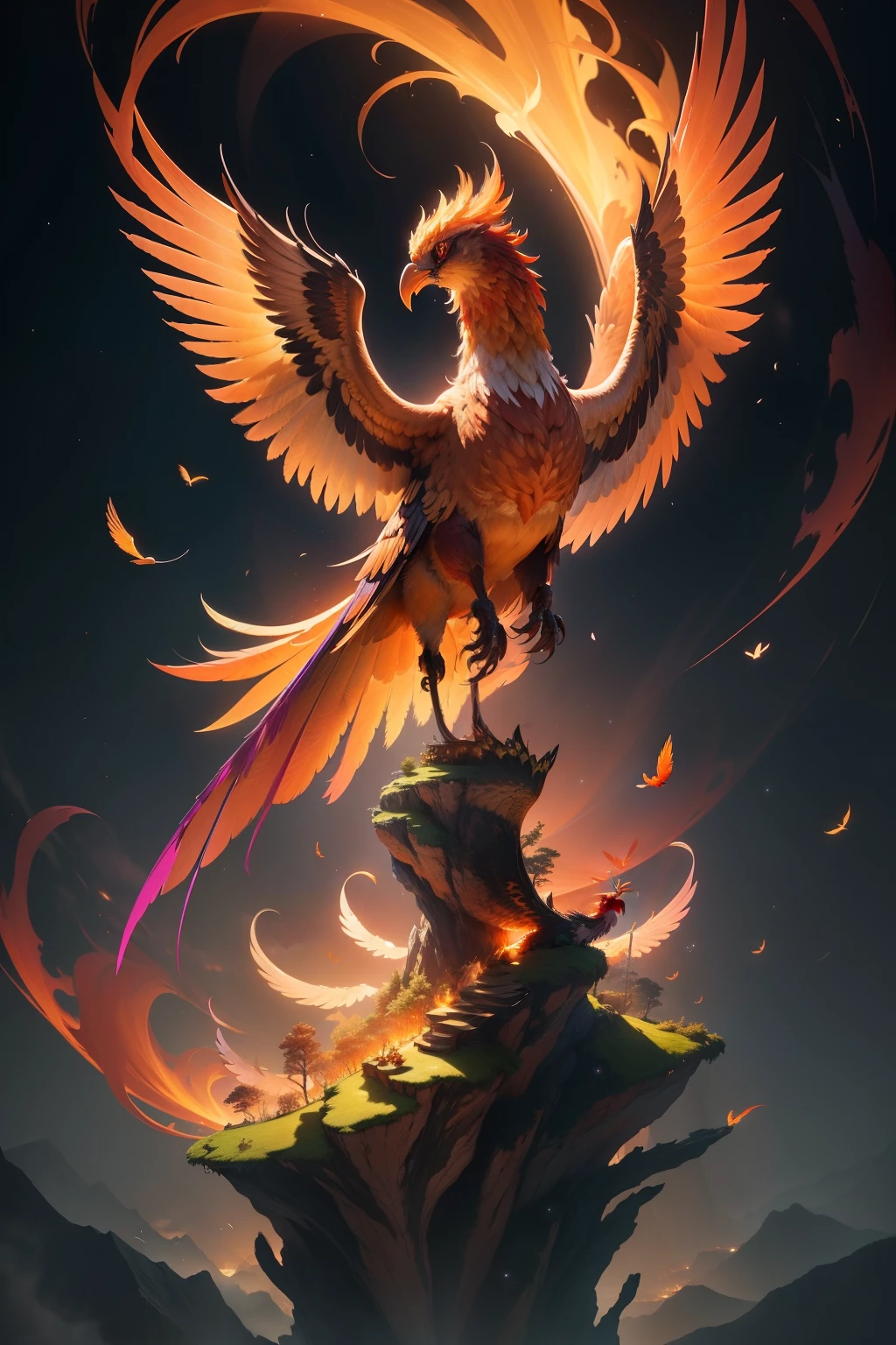 The phoenix pose shows unparalleled elegance and opulence in appearance，Breathtakingly beautiful。It is tall and elegant，The wings spread gorgeously。The plumage is bright red、de cor laranja、Yellow、Composed of purple and other colors，Exudes a mesmerizing glow。Every feather is like a work of art，Delicate and smooth，Colors that shine in the sun。

The phoenix pose has a jewel-like red crown embedded in its head，Shine brightly。Its eyes are crystal clear，Like two bright gemstones，Exudes wisdom and mystery。The pointed mouth is curved，Exudes nobility。

The surrounding phoenix posing is also a spectacular picture。Surrounded by a fantastic wonderland，It is full of peace and harmony。The rainbow bends in the sky，Waterfalls cascade down，Exudes a fresh floral scent。Surrounded by dense forests，Towering trees stand there like giants。

The phoenix poses to spread its wings and fly，Fly in such a beautiful environment，Light and free。Its flight stance is elegant and sturdy，Every flutter of wings brings beautiful music，It was as if the whole world was dancing for it。

The whole scene not only shows the details of the appearance of the phoenix pose，It also interprets the magnificent environment in which it is located，It's intoxicating。