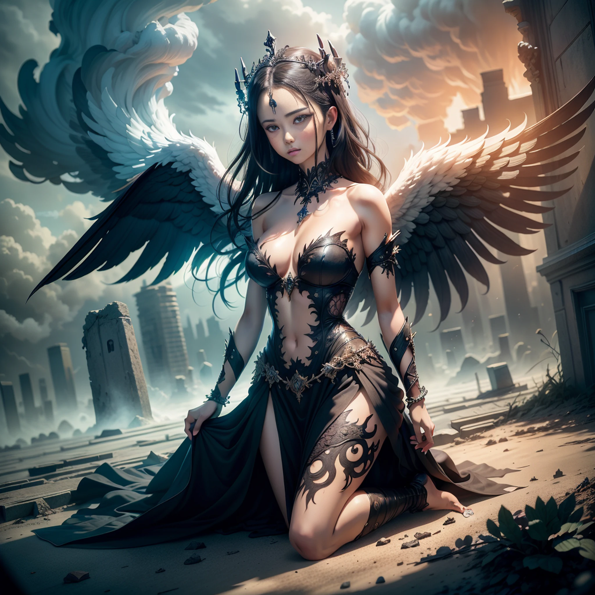 Create an image in a dark, gothic art style depicting a fallen, Malevolent angelic goddess with magnificent wings, lying defeated on the ground in the middle of an apocalyptic city consumed by flames and ruins. The composition should focus on the goddess in the foreground, emphasizing his facial expression and wings, while incorporating a panoramic view that shows the devastated landscape of the city and a stormy sky with distant rays. Melhore a imagem com contrastes que destacam a natureza dual da deusa, and experiment with lighting effects to create a mysterious aura around you. Integrate subtle details of ruined buildings, reflexos de chamas em seus olhos e asas, Swirling smoke, and distant silhouettes of mythical creatures on the horizon. The resolution should be 3000x2000 pixels with a dark color palette, tons dessaturados com detalhes em vermelho e laranja intensos. Use a mix of textured and soft brushes for intricate detail and atmospheric effects. Opt for a slightly low camera angle to emphasize the greatness of the fallen goddess, e empregar soft, diffuse lighting from the side to create shadows and highlights. Simulate a wide-angle lens for a panoramic effect, and consider applying a light grain filter to improve the sandy atmosphere. Avoid portraying any scene of hope, renewal, or heavenly intervention. Exclude any elements that imply restoration or assistance to the fallen goddess.