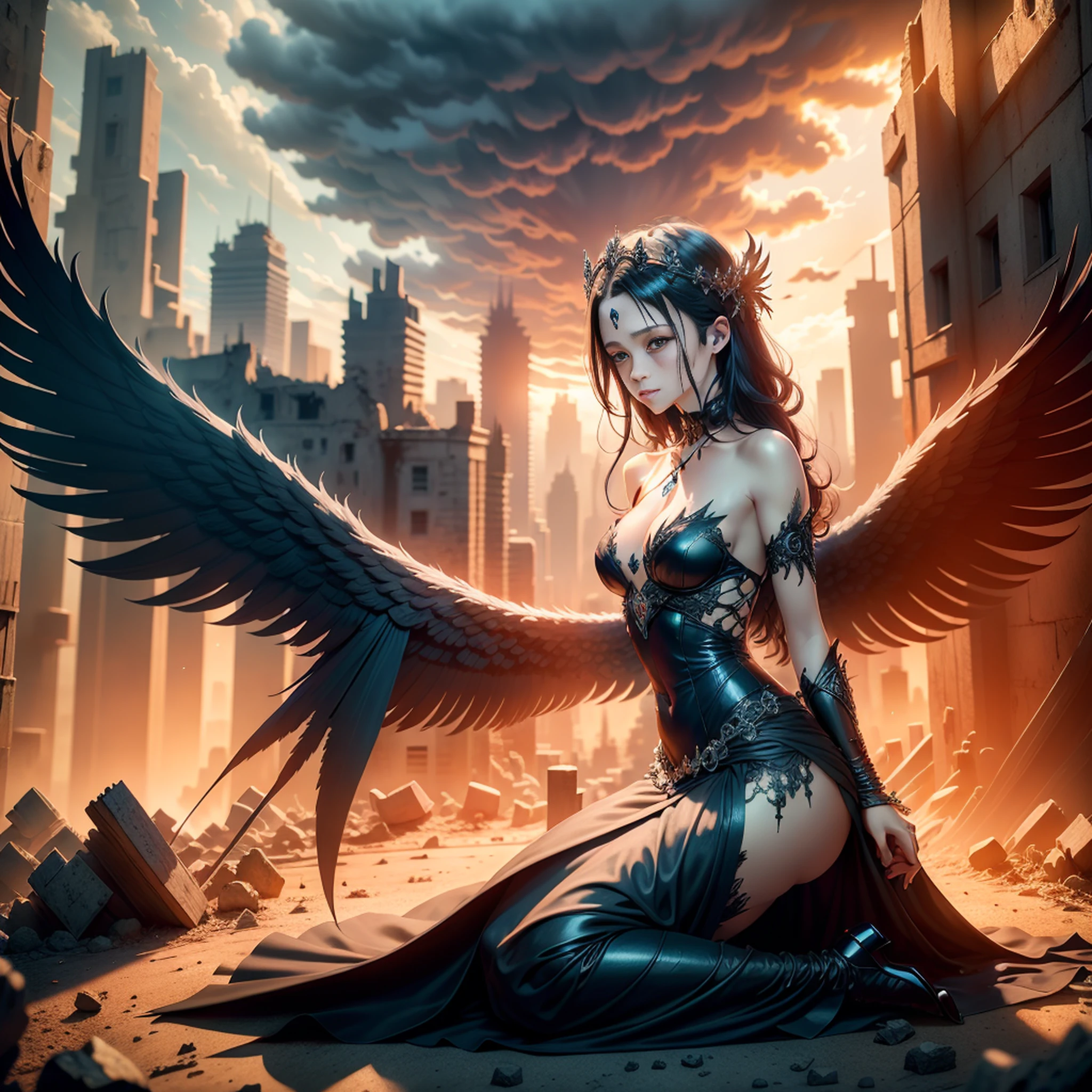 Create an image in a dark, gothic art style depicting a fallen, Malevolent angelic goddess with magnificent wings, lying defeated on the ground in the middle of an apocalyptic city consumed by flames and ruins. The composition should focus on the goddess in the foreground, emphasizing his facial expression and wings, while incorporating a panoramic view that shows the devastated landscape of the city and a stormy sky with distant rays. Melhore a imagem com contrastes que destacam a natureza dual da deusa, and experiment with lighting effects to create a mysterious aura around you. Integrate subtle details of ruined buildings, reflexos de chamas em seus olhos e asas, Swirling smoke, and distant silhouettes of mythical creatures on the horizon. The resolution should be 3000x2000 pixels with a dark color palette, tons dessaturados com detalhes em vermelho e laranja intensos. Use a mix of textured and soft brushes for intricate detail and atmospheric effects. Opt for a slightly low camera angle to emphasize the greatness of the fallen goddess, e empregar soft, diffuse lighting from the side to create shadows and highlights. Simulate a wide-angle lens for a panoramic effect, and consider applying a light grain filter to improve the sandy atmosphere. Avoid portraying any scene of hope, renewal, or heavenly intervention. Exclude any elements that imply restoration or assistance to the fallen goddess.