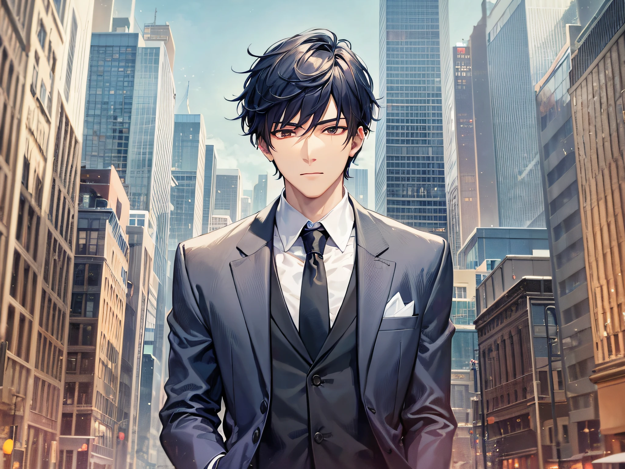 A man in a suit and tie stands in front of the city, inspired by Zhang Han, Wearing a strict business suit, anime handsome guy, inspired by Yanjun Cheng, Wearing a strict business suit, Dark suit, suit and tie, inspired by Russell Dongjun Lu, Handsome Anime Pose, Handsome stunning realistic, inspired by Bian Shoumin, Handsome Man in Demon Killer Art