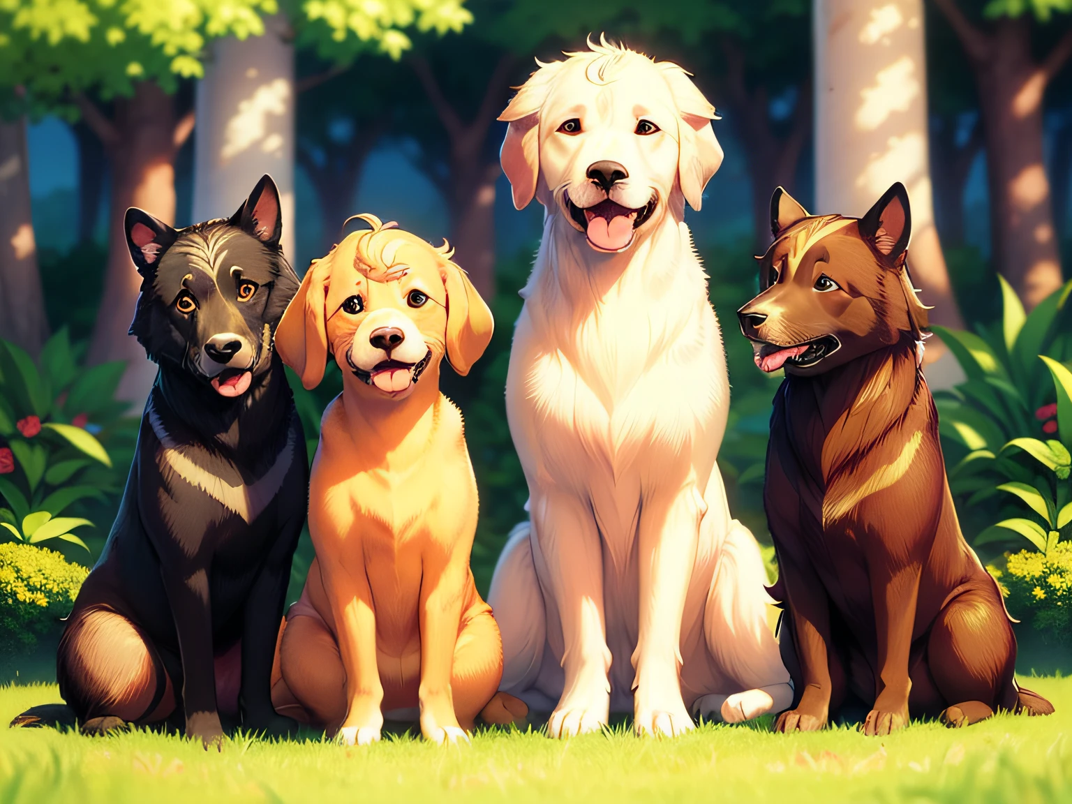 4 Golden Retrievers，The first small golden retriever with black tiger stripes，The second is a shy, shy and docile golden retriever，The third is a well-behaved and strong golden retriever，Look at you with innocent eyes，Old Four is the most beautiful and intelligent golden retriever，In the sun，Together in the natural environment，Cute golden retriever，Coffee beans fill the ground