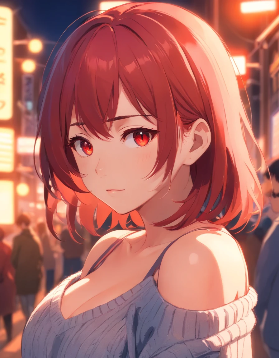 1girl, solo, cute, large breasts, sweater open shoulders, beautiful face, amber eyes, red hair