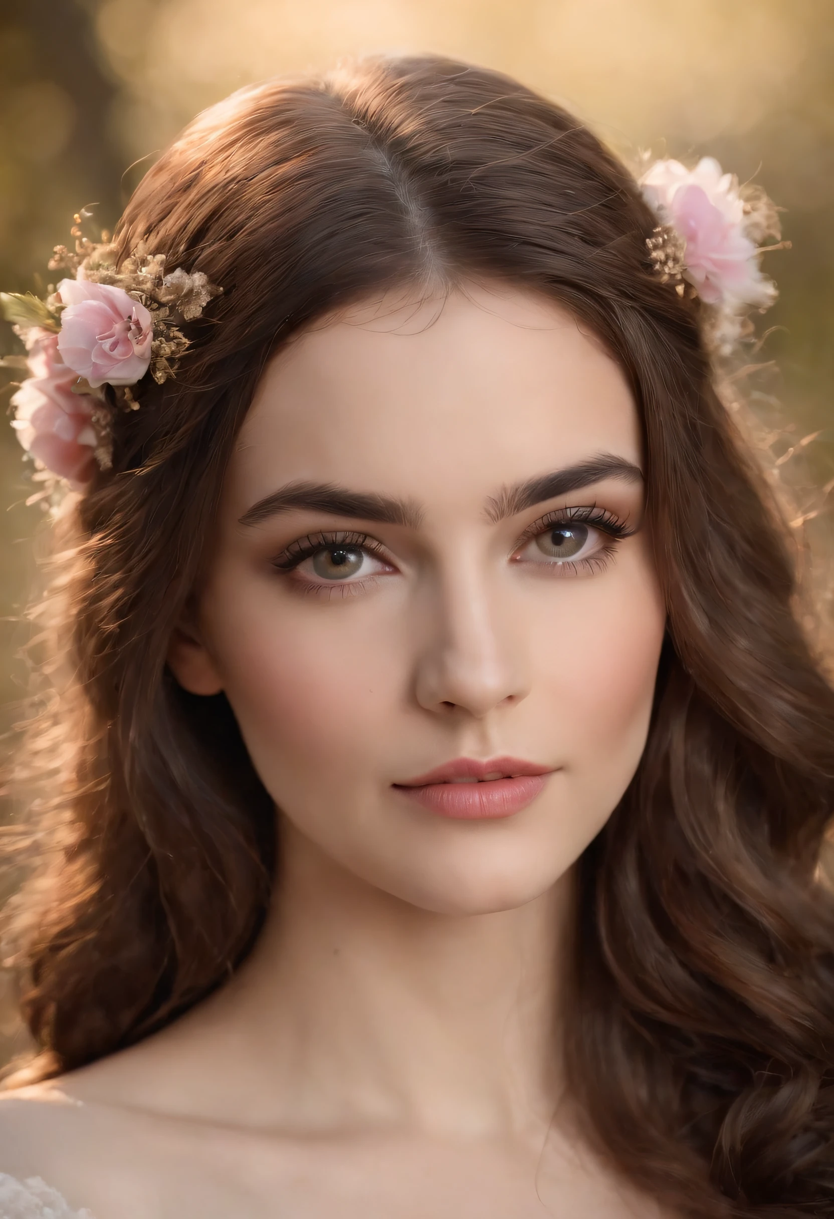 Uma bela e sedutora garota medieval com grandes olhos cinzentos, of dark eyelashes, de cabelos vermelhos-escuros com suaves cachos largos, pele suave, branca e leitosa, with pink flush on the cheekbones, boca grande, covinha no queixo arredondado.