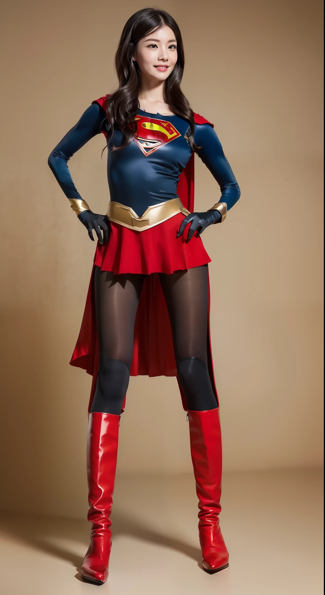 (((Make the most of the original image)))、(((Be sure to wear black tights)))、(((Supergirl Costume)))、(((lustrous dark hair)))、(((Suffering)))、(((Smiling)))、(((Be sure to wear red boots)))、(((Hung)))、((Top image quality、8K))、((top-quality、8K、masterpiece:1.3))、Crisp focus:1.2、Beautiful woman with perfect body shape:1.4、Slender Abs:1.2、((layers-Cut))、a wet body:1.5、Highly detailed facial and skin texture、Wearing red boots