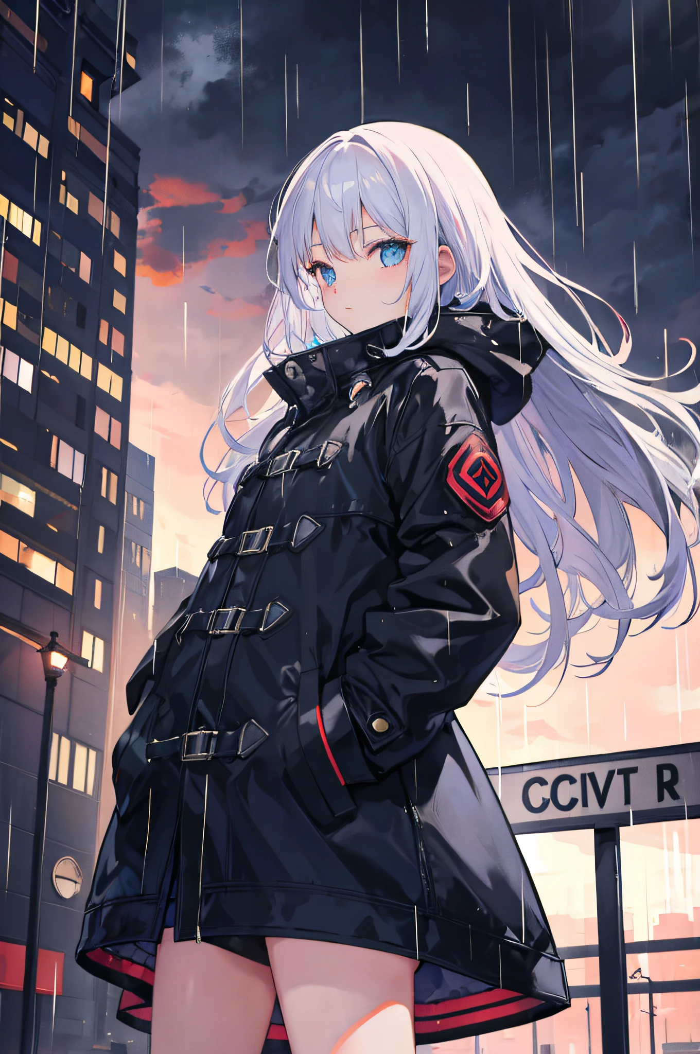 1 girl, night city, rain, coat, hands in pockets