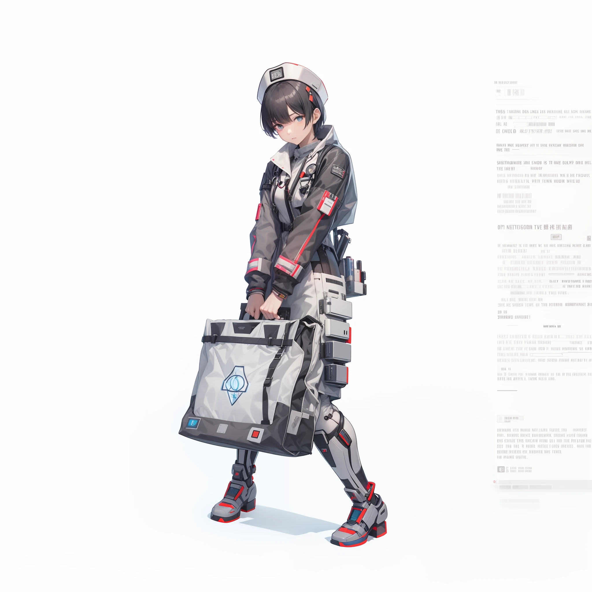 (surgeon)、Full body depiction、(Standing in the Tabernacle)、Standing alone、Manteau blanc、Machine Bag、((infp young woman))、Black short hair、(Veteran Hero)、The ultra -The high-definition、Cyberpunk Doctor Costume、Pants Style、inner colored、(Mechanized legs)