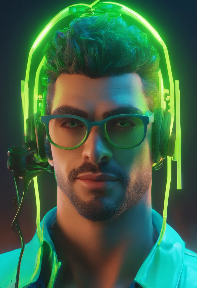 personagem masculino, encapuzado, Cyberpunk, neon blue, mascara, olhos verdes neon