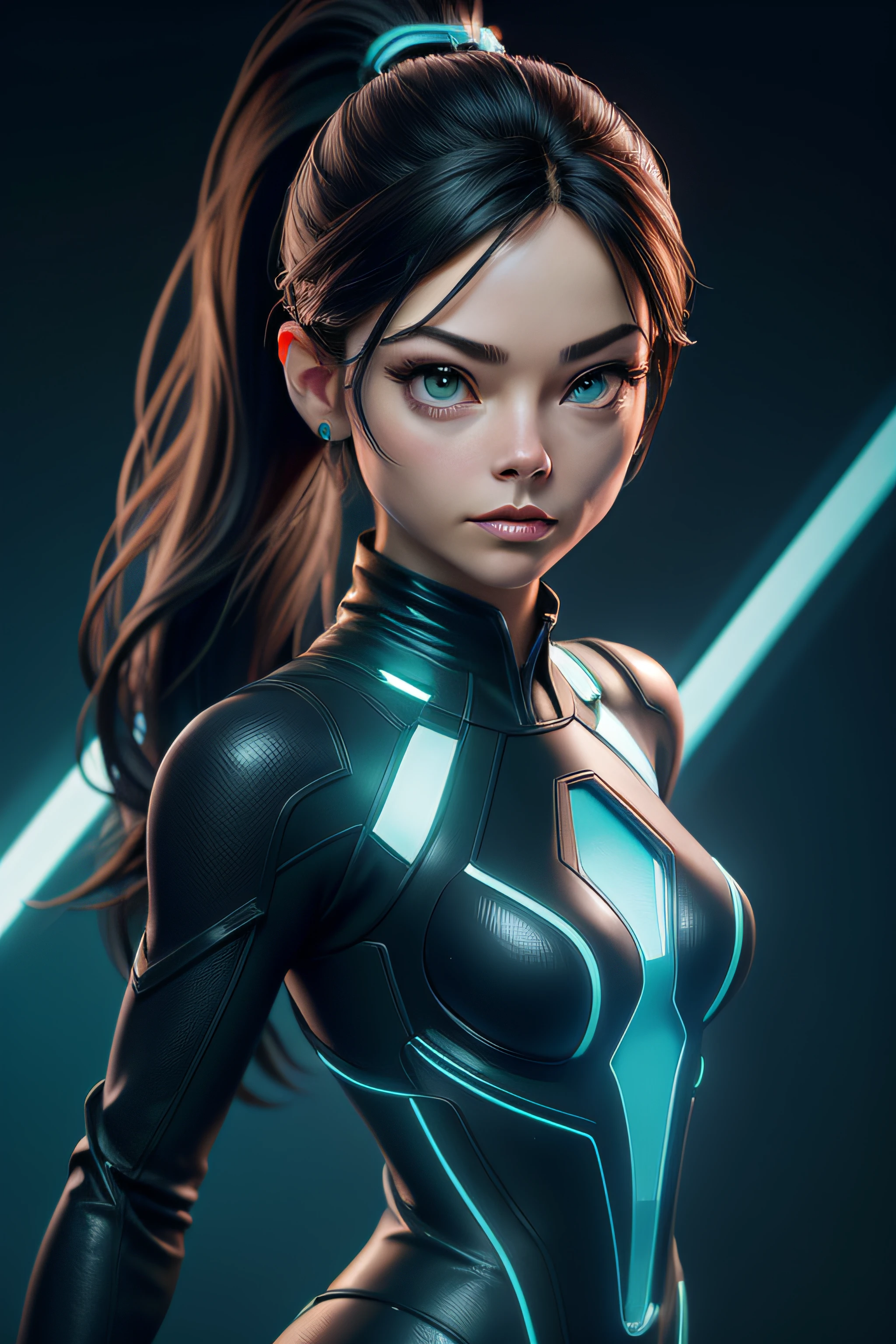 1Kristin Kreuk with a ponytail, portant une tenue futuriste du film "TRON". De magnifiques yeux verts. Kinematic light. extremly detailed. circuit de jeux de "TRON" dans le background,