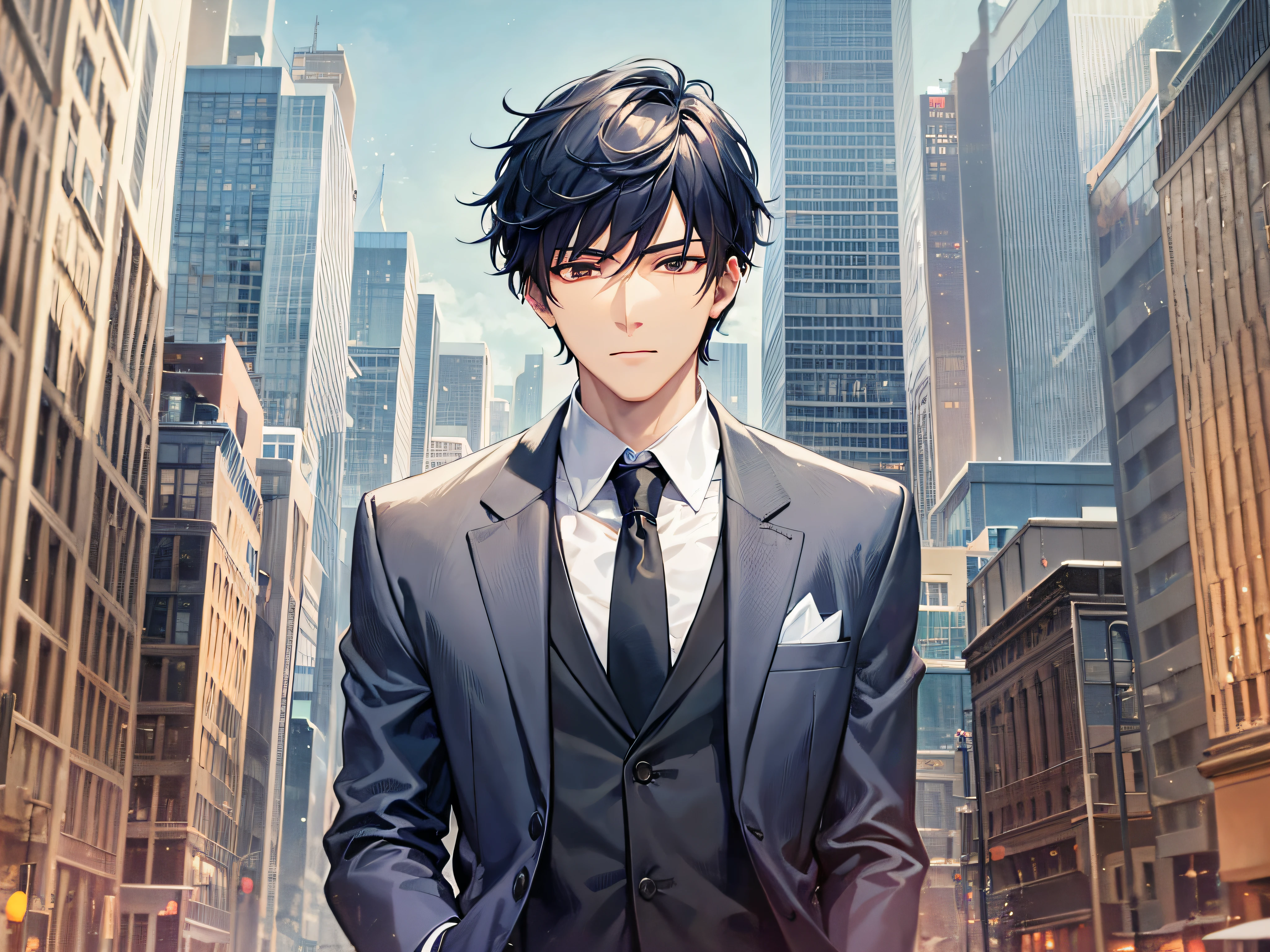 A man in a suit and tie stands in front of the city, inspired by Zhang Han, Wearing a strict business suit, anime handsome guy, inspired by Yanjun Cheng, Wearing a strict business suit, Dark suit, suit and tie, inspired by Russell Dongjun Lu, Handsome Anime Pose, Handsome stunning realistic, inspired by Bian Shoumin, Handsome Man in Demon Killer Art