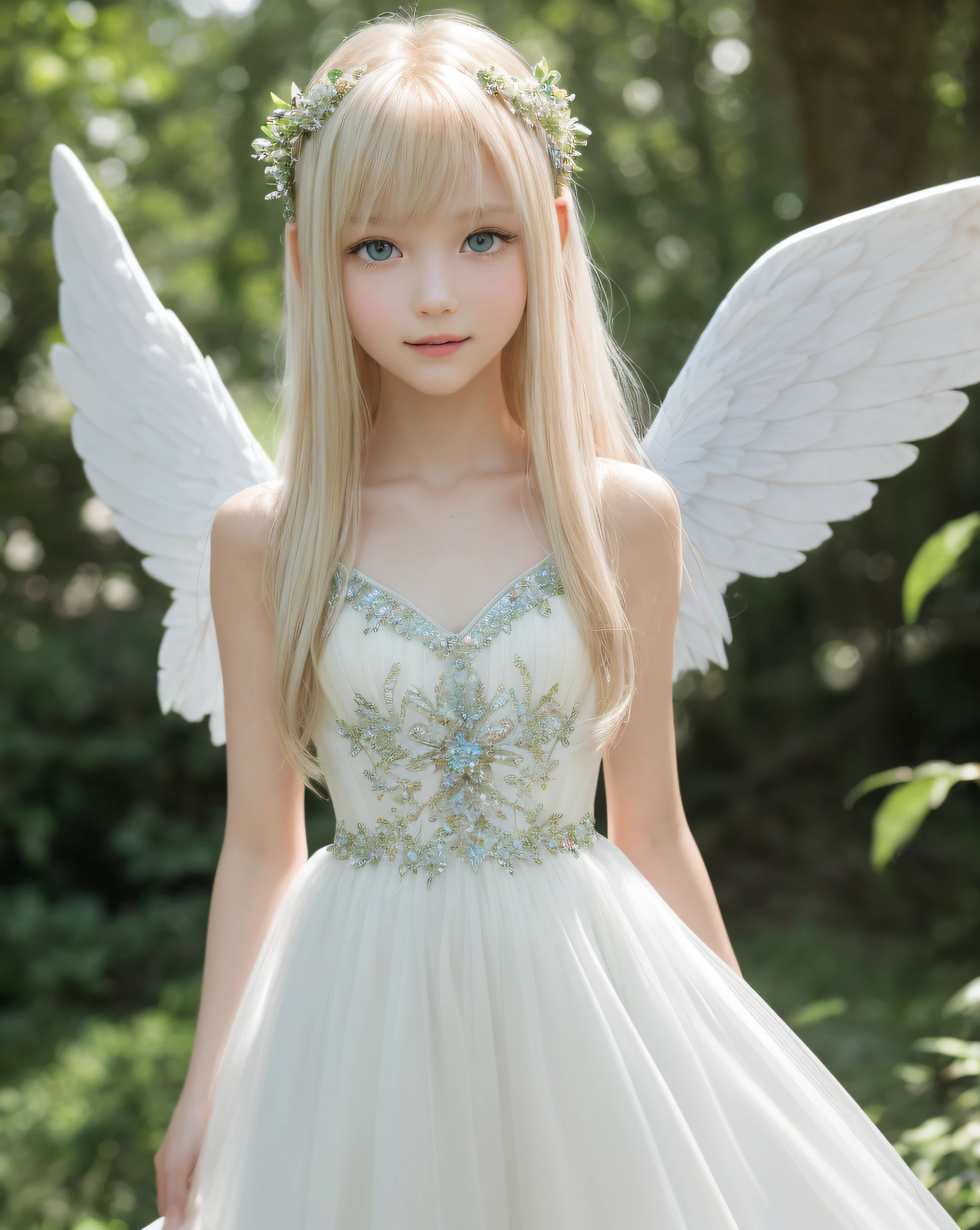 Raw photography、(((Portrait of extreme beauty)))、((glistning skin))、女の子1人、Beautiful cute very thin girl at 17 years old, Prague、((Natural bright shiny platinum blonde hair))、[Very small light blue eyes that shine]、Glossy glossy skin、silky fine hair、Straight super long hair、very short perfectly straight cut bangs,,,,,,,,,,,,,,,,,,,,,,,,,,,,,,,,,,,,,,,,,、Fluttering hair、((​masterpiece、top-quality、ultra-detailliert、Film Light、intricate-detail、hight resolution、8K、ighly detailed))、8K UHD、Digital SLR、Soft light、hightquality、Film grain、FujifilmXT3 、Shallow depth of field、natural soft light、（perfect hand）、Perfect beautiful face,(((Angelic girl)))、(((See-through dresses)))、(((Mystical)))、Very small and perfectly round pupils、(((Fantastical)))、(((adultlike face)))、(artistic)、(((very long white nose,,,)))、Beautiful teeth with good alignment、((Looking here))、kindly smile、Clear eyes、(((Innocence)))、The Last Angel to Earth、(((Planktonic)))、(((Fantastic dazzling halo)))、(( Iridescent flares))、rainbows、((faerie))