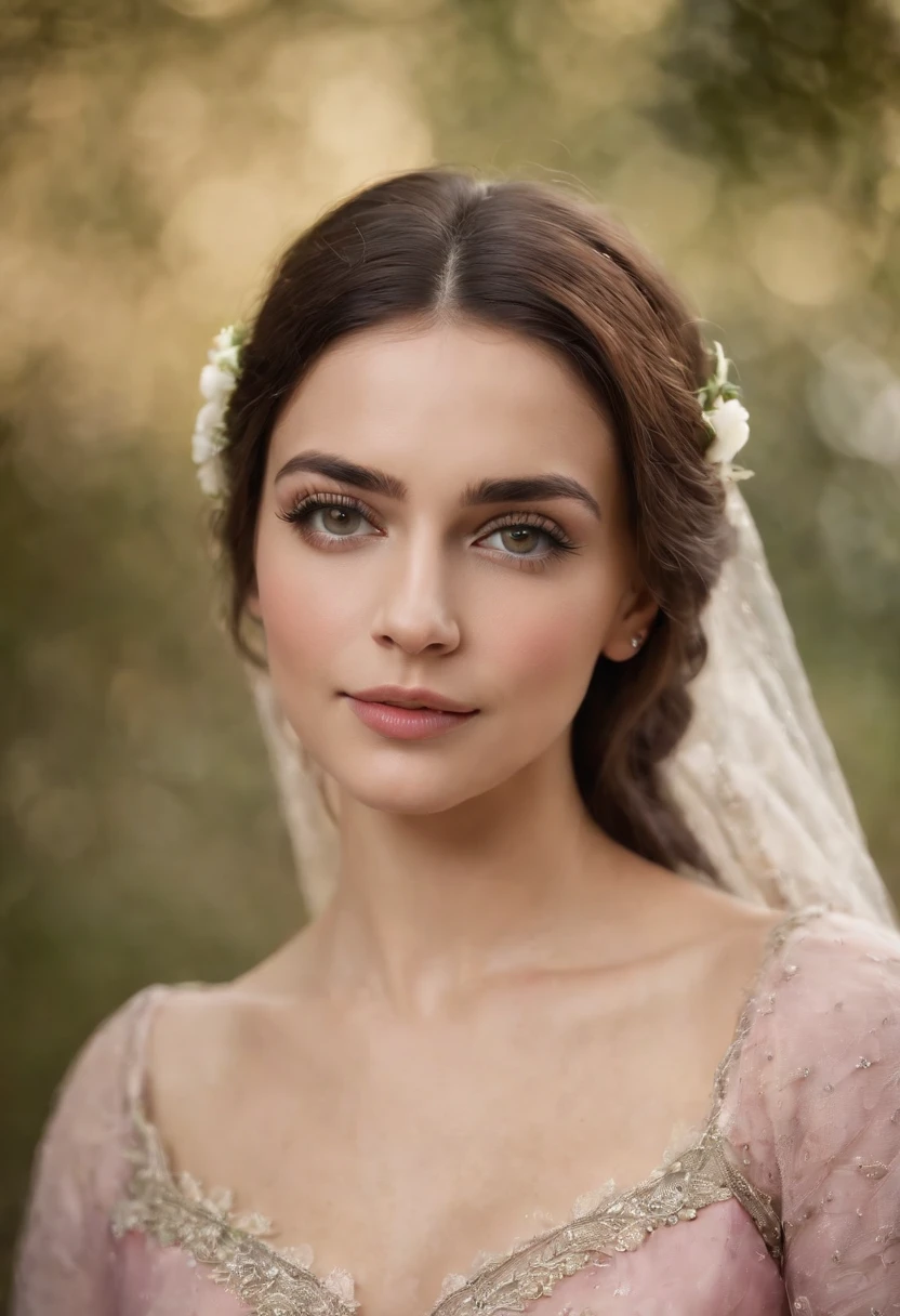 Uma bela e sedutora garota medieval com grandes olhos cinzentos, of dark eyelashes, de ruivos escuros com suaves cachos largos, pele suave, branca e leitosa, with pink flush on the cheekbones, boca grande, covinha no queixo arredondado.