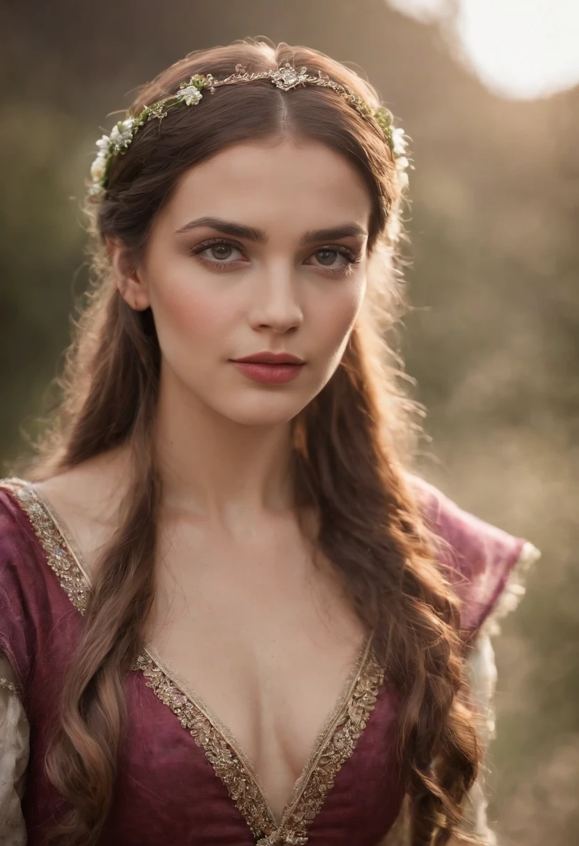 Uma bela e sedutora garota medieval com grandes olhos cinzentos, of dark eyelashes, de ruivos escuros com suaves cachos largos, pele suave, branca e leitosa, with pink flush on the cheekbones, boca grande, covinha no queixo arredondado.