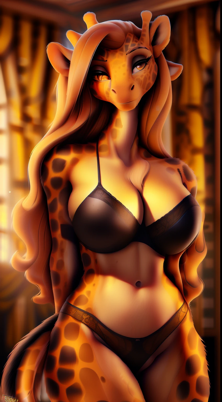 (((Cute Face))), (((Cute pose))), (((highly detailed eyes))), Solo, (((highly detailed yellow and massive black spots fur all over body))), ((big breast)), ((seductive)), (((female))), ((bra))), ((sexy)), ((standing, sexy legs)), snout, detailed eyes, ((eyelashes, giraffe)), ((facing viewer)), ((long hair)), (((full body should be seen))), ((belly fur)), ((indoors, highly detailed room)), ((hyper detailed giraffe)), sharp focus cgi, photorealistic, high detail, realistic, masterpiece, absurdres, best quality, HDR, high quality, high-definition, extremely detailed, 8k wallpaper, intricate details, 8K uhd, Full-HD, (realistic photo:1.2), contrast, harsh lighting, cinematic lighting, natural lighting, hard light, backlighting, global illumination, ambient occlusion