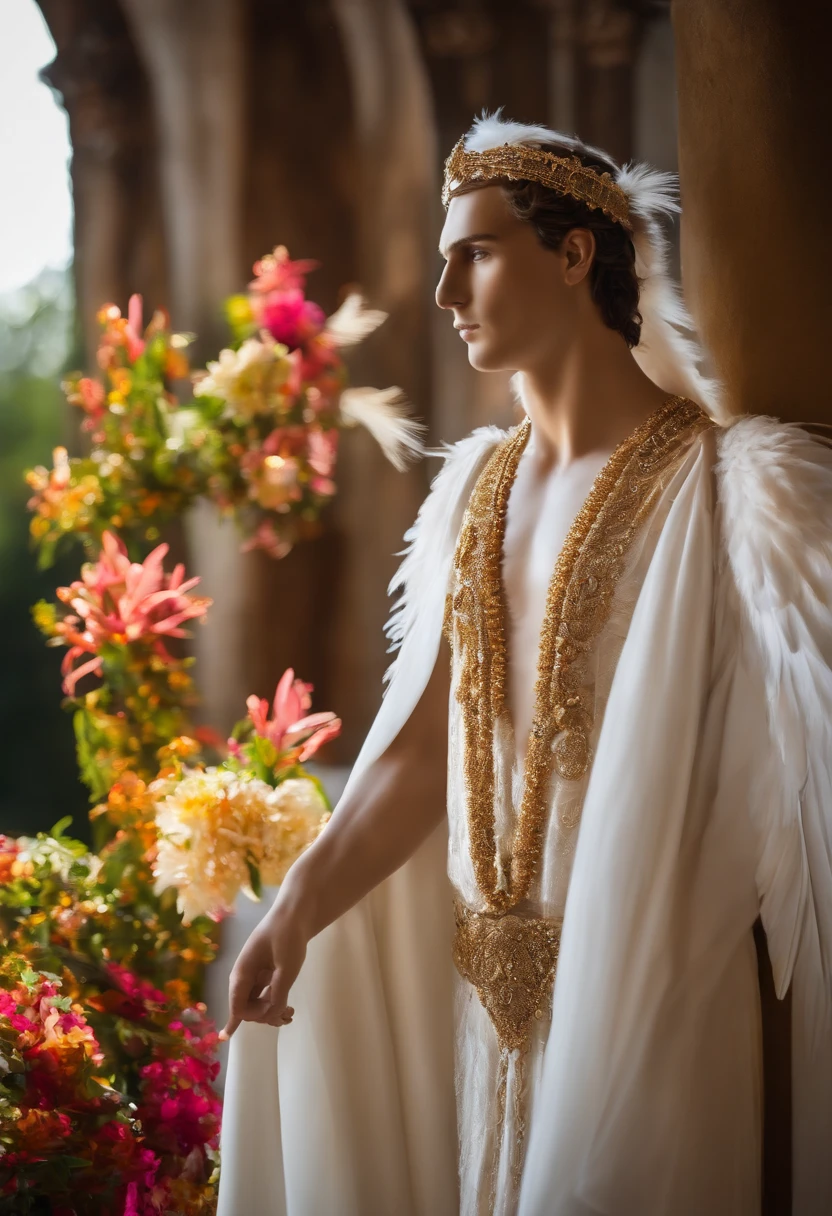 Anjo, masculine-looking, olhos flamejantes, three pairs of white wings,