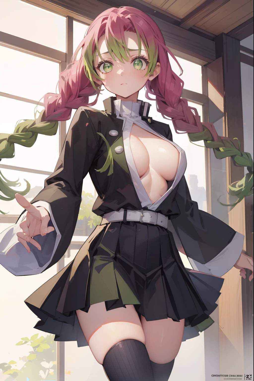 mitsurikanroji, mitsuri kanroji, braid, gradient hair, (green eyes:1.5), green hair, long hair, mole, mole under eye, multicolored hair, pink hair, twin braids, two-tone hair,
BREAK belt, black skirt, cleavage, coat, demon slayer uniform, haori, japanese clothes, long sleeves, miniskirt, partially unbuttoned, pleated skirt, skirt, uniform,
BREAK looking at viewer,
BREAK indoors,
BREAK (masterpiece:1.2), best quality, high resolution, unity 8k wallpaper, (illustration:0.8), (beautiful detailed eyes:1.6), extremely detailed face, perfect lighting, extremely detailed CG, (perfect hands, perfect anatomy),