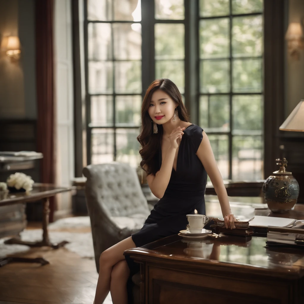 smiling Korean model wearing a minidress sitting on the desk inside Oval Office, ((Realistic lighting, Best quality, 8K, Masterpiece: 1.3)), Focus: 1.2, Perfect beauty: 1.4, Slim Abs: 1.1, thin eyes, Double eyelids, smiling, smile, happy, upskirt, White House