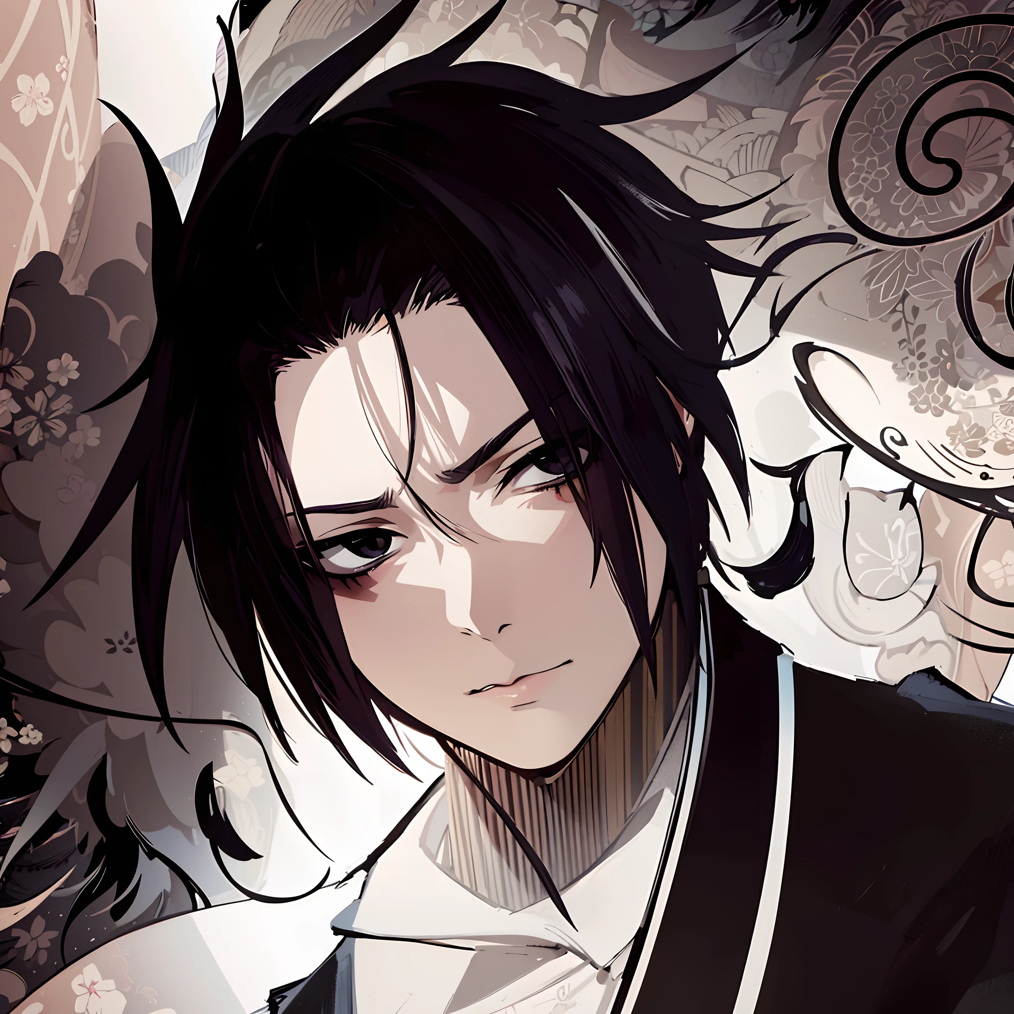 masterpiece, high quality illustration, high detailed background, male focus, black hair, black eyes, japanese clothes, kimono, expose shoulder, eyes on the side, close mouth