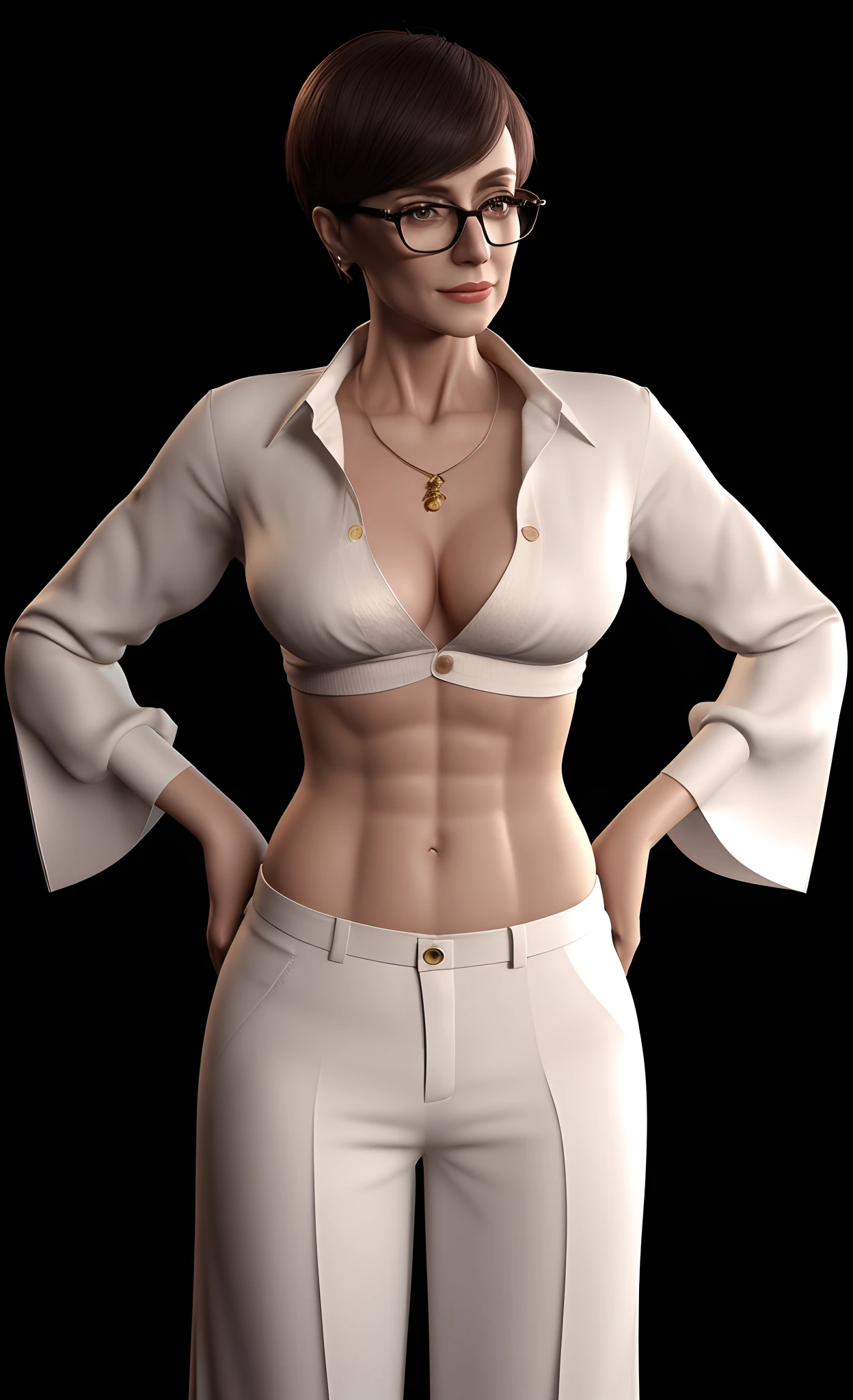 bespectacled very old aged elderly older mature cheeky master dame with very unbuttoned and unglued shiny cream yellow fitted stretch silk skimpy only 1 buttoned pin midriff-shirt , very low rise sailoress pants , very short French haircut , large and deep drop-shaped navel! normal body with fresh flesh , digital art of an master mistress , confident pose , dominant woman , skinny waist and very broad hips , elegant seducing pose , model with normal aged body , 3 d render of a full female bodythere!