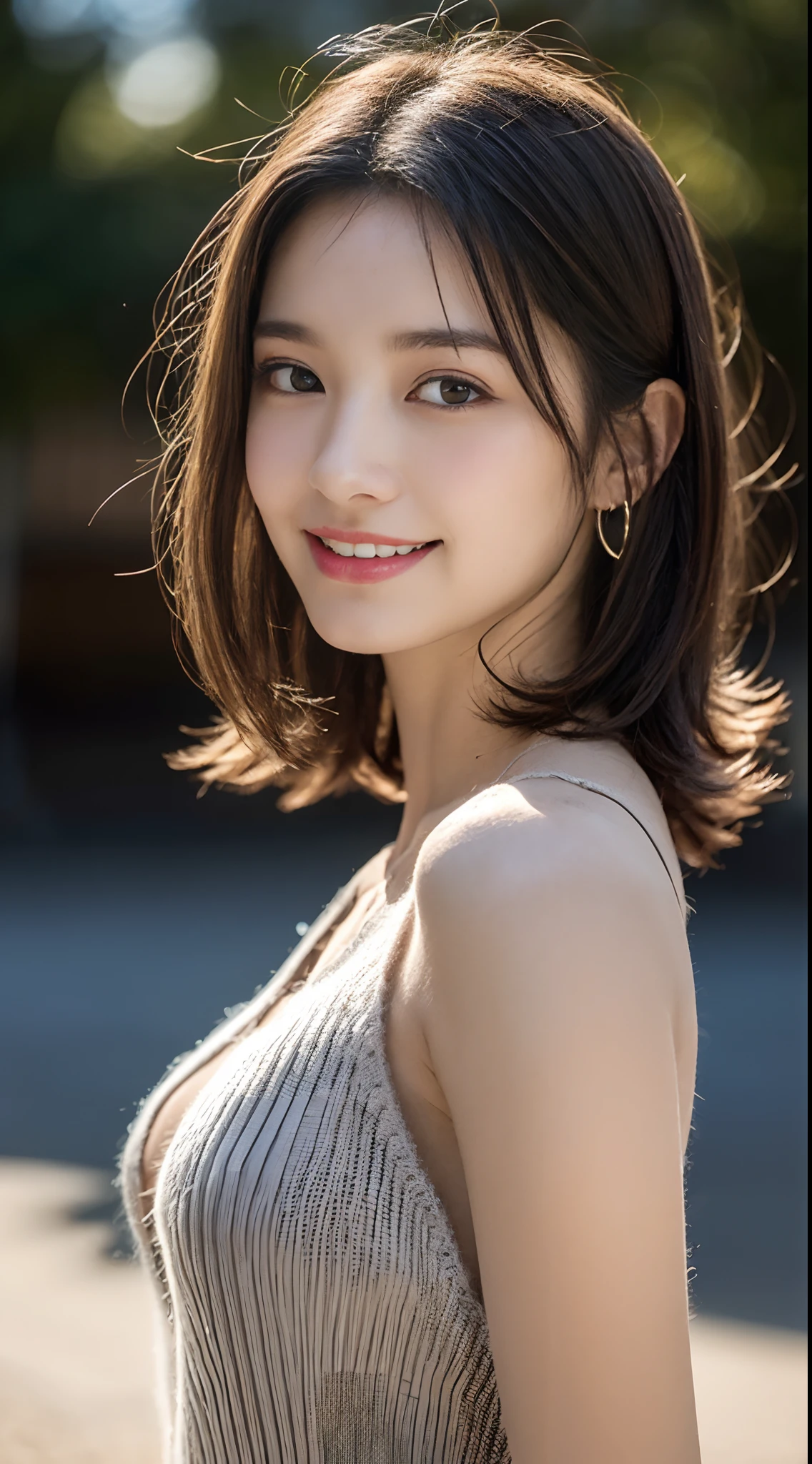 (8K, RAW photography, Best quality, Masterpiece: 1.45), (Realistic, Photorealistic: 1.37), Beach, Sand, Beach house, daytime, Professional lighting, Photon mapping, Radiosity, Physically Based Rendering, Masterpiece, Rich Detail, (Fine Face),(Fine Eyes), (Clear Face), (Detailed Face Description), (Detailed Hand Description), (Masterpiece) , Realistic, Extreme Light and Shadow, Shiny Skin,Shiny Hair, One Girl, 18 years old, cute, Seductive smile:1.2, happy, winking gradient brown hair, gray hair, Short curly, small, slender, double, disheveled hair, fine collarbone,((from side, cowboy shot: 1.3)), slouch: 1.2, ( Knitted Deep V-Neckline Slip Dress, Small, Side Boob, Flat Chest, Bare Waist, Cleavage:1.3), Emphasis on Armpits, Public Indecency, (Increased Skin Texture Beauty:1.1), Immediately After Getting Out of the Wator,