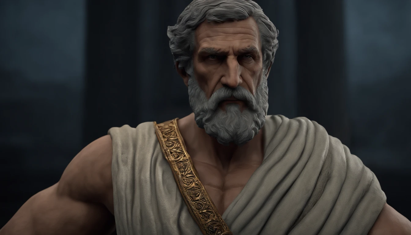 Greek philosopher Seneca, very detailed face, large beard, muscular, dark background, 8k, ultra realistic