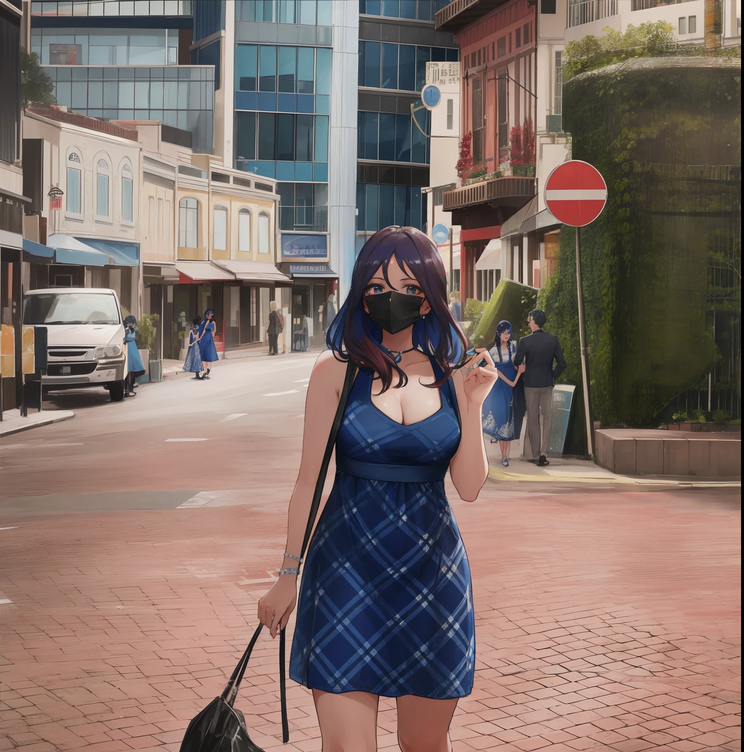 araffe woman in a blue dress and black mask walking down a street, standing in a city center, blue checkerboard dress, standing in a city street, wearing blue dress, wandering in the city, in a dress, set on singaporean aesthetic, in city street, wearing a blue qipao dress, wearing in a summer dress, wearing a blue dress, hazel colored hair, wearing rounded glasses, 8k, high resolution