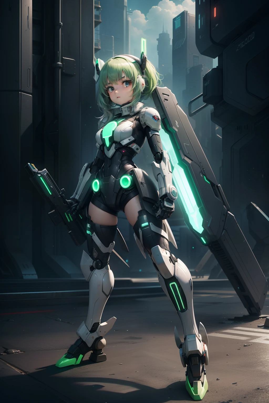 a cute young loli raised a super big gun, in heavy complex robotic armor, dynamic pose, stance pose, masterpiece, perfect feminine face, best quality, ultra high res, sci-fi, transformers, fantasy, futuristic, green neon, armlet, jet packs